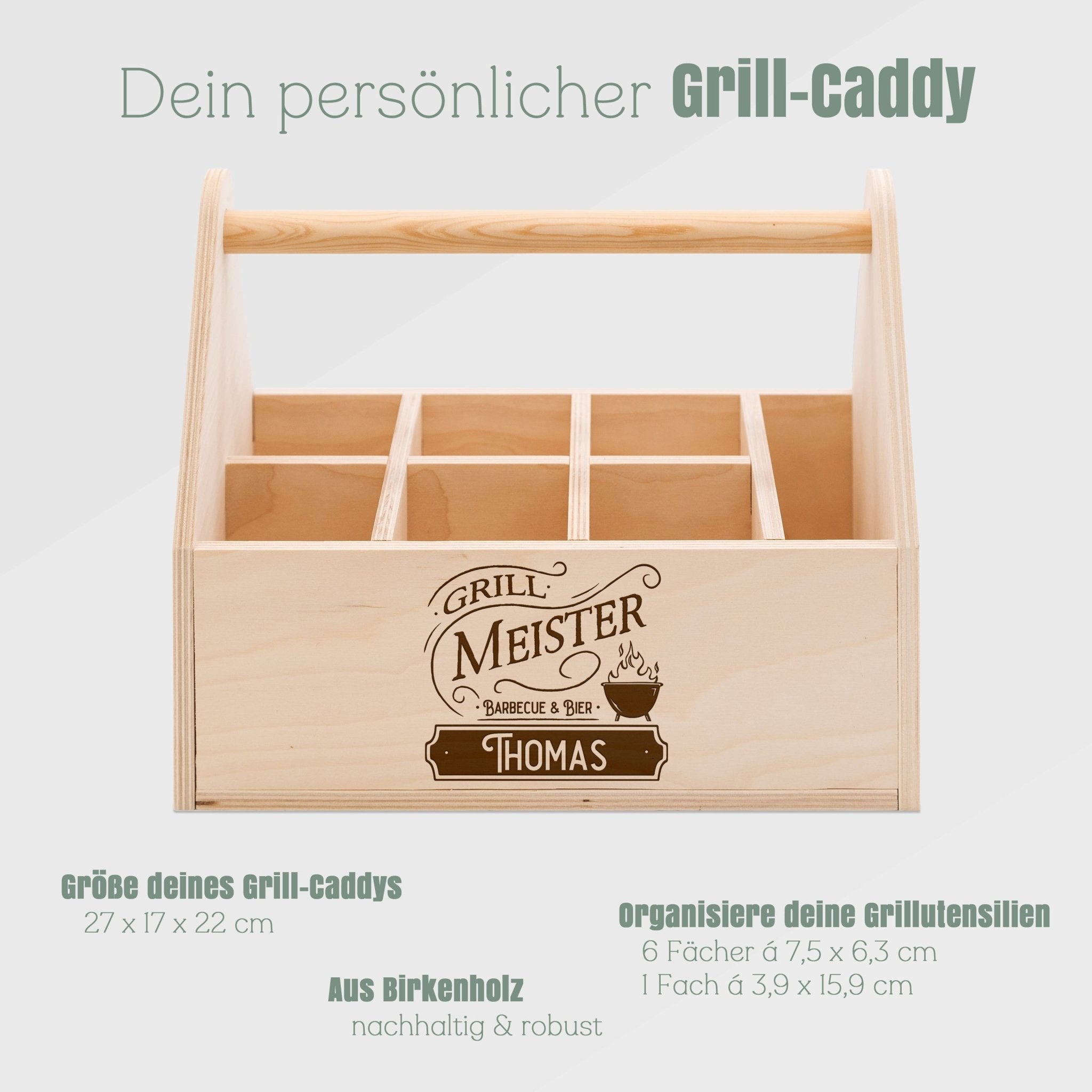 Grill - Caddy aus Holz - Grillmeister Vintage Wunschname - Abenteuernah