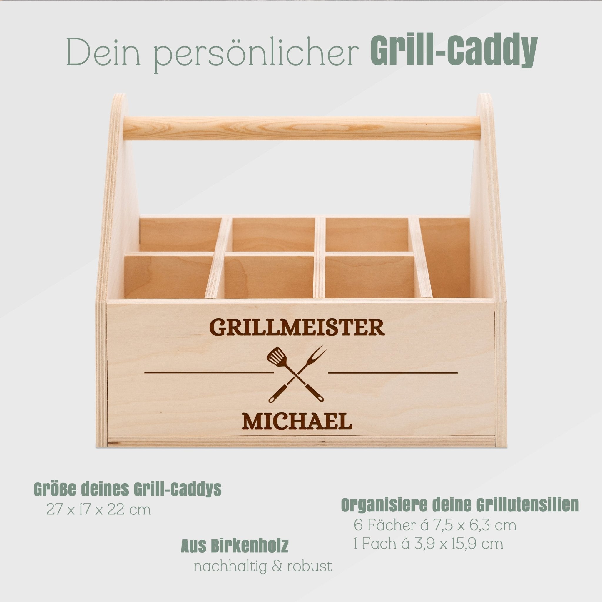 Grill - Caddy aus Holz - Grillmeister Wunschname Grillbesteck - Abenteuernah