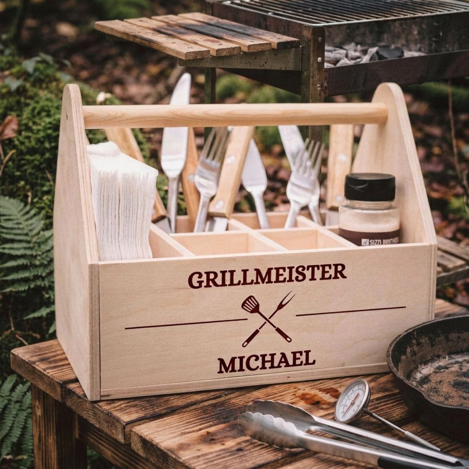 Grill - Caddy aus Holz - Grillmeister Wunschname Grillbesteck - Abenteuernah