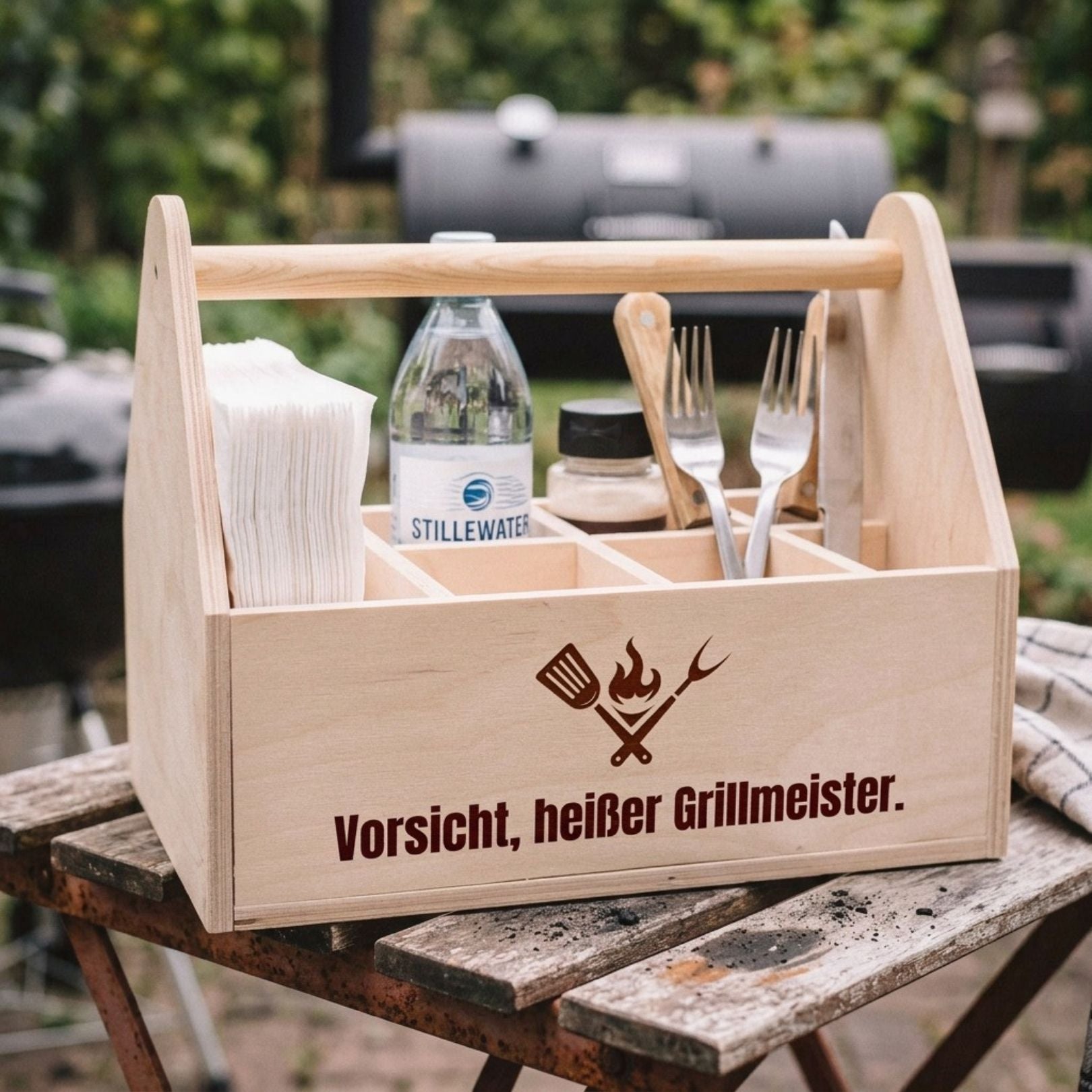 Grill - Caddy aus Holz - Vorsicht, heißer Grillmeister. - Abenteuernah
