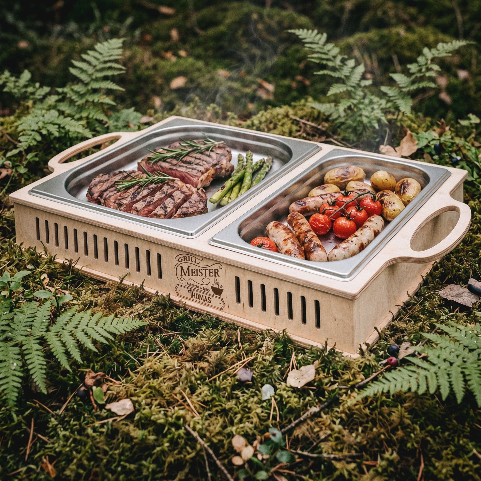 Grillset Warmhalteplatte und Grill - Caddy - Grillmeister - Abenteuernah