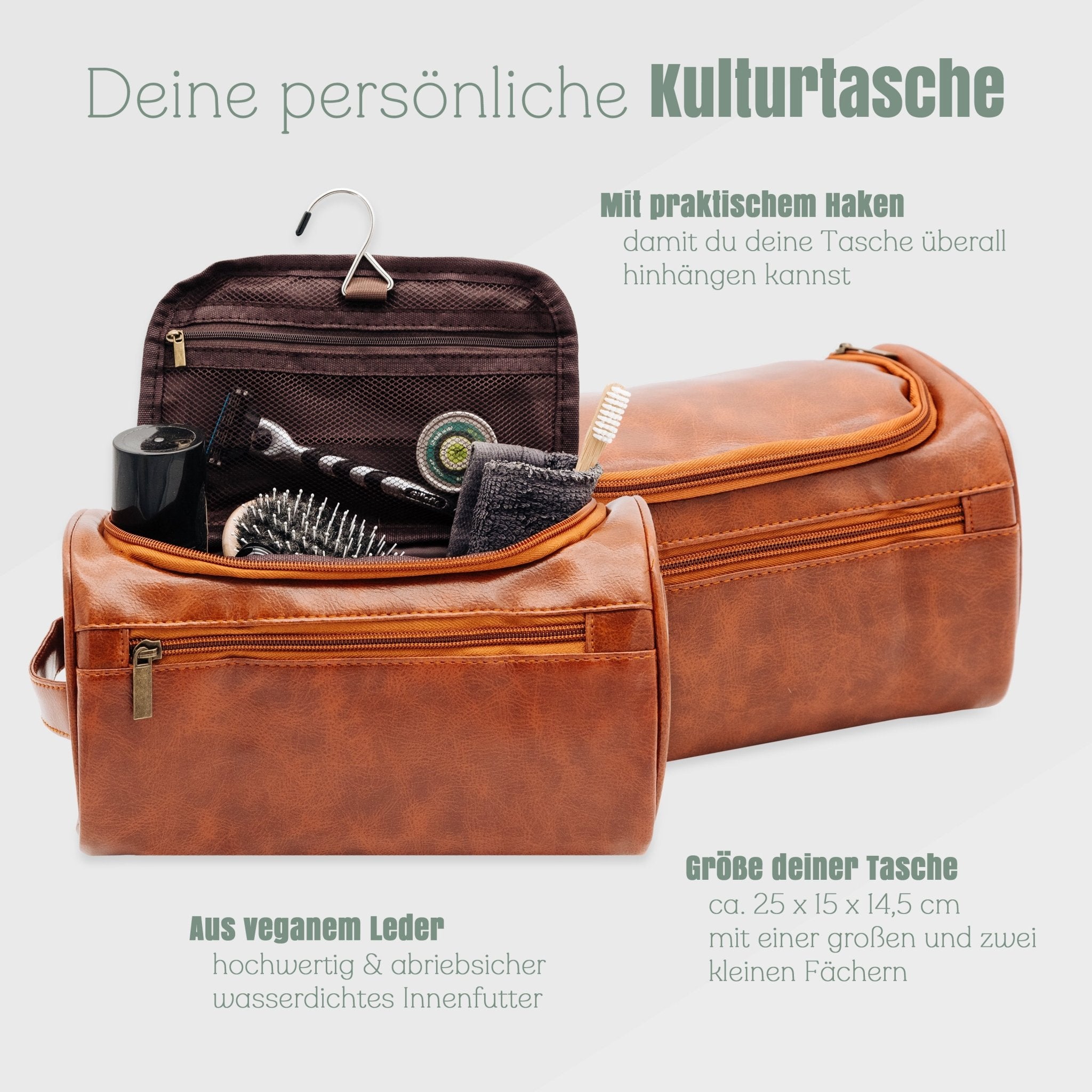 Leder Kulturbeutel - verschiedene Motive mit Namen oder Intitialen - Abenteuernah