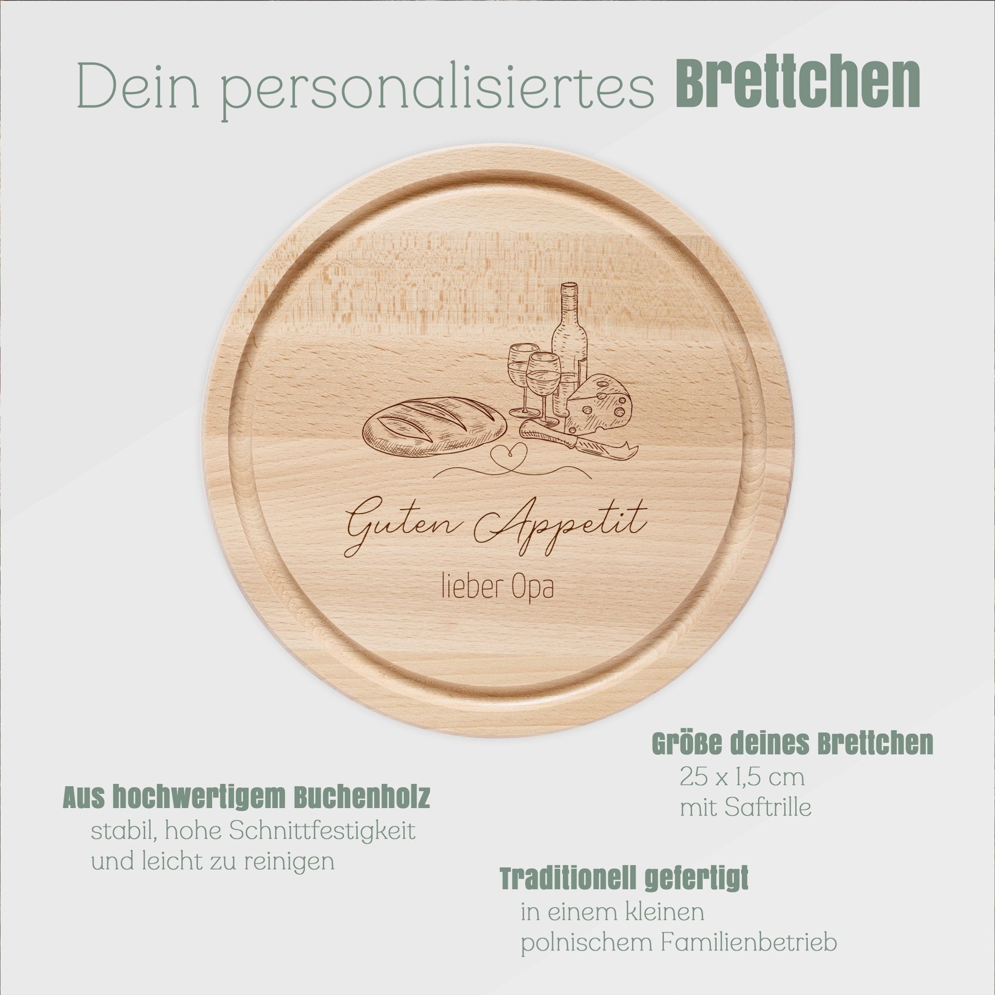 Rundes Holzbrett - Brot Wein Guten Appetit - Abenteuernah