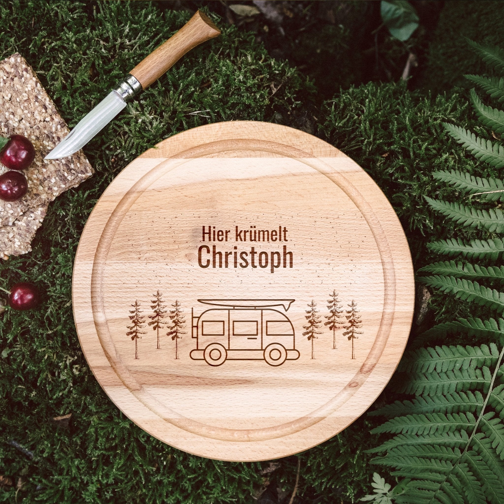 Rundes Holzbrett - Camper Bäume - Abenteuernah