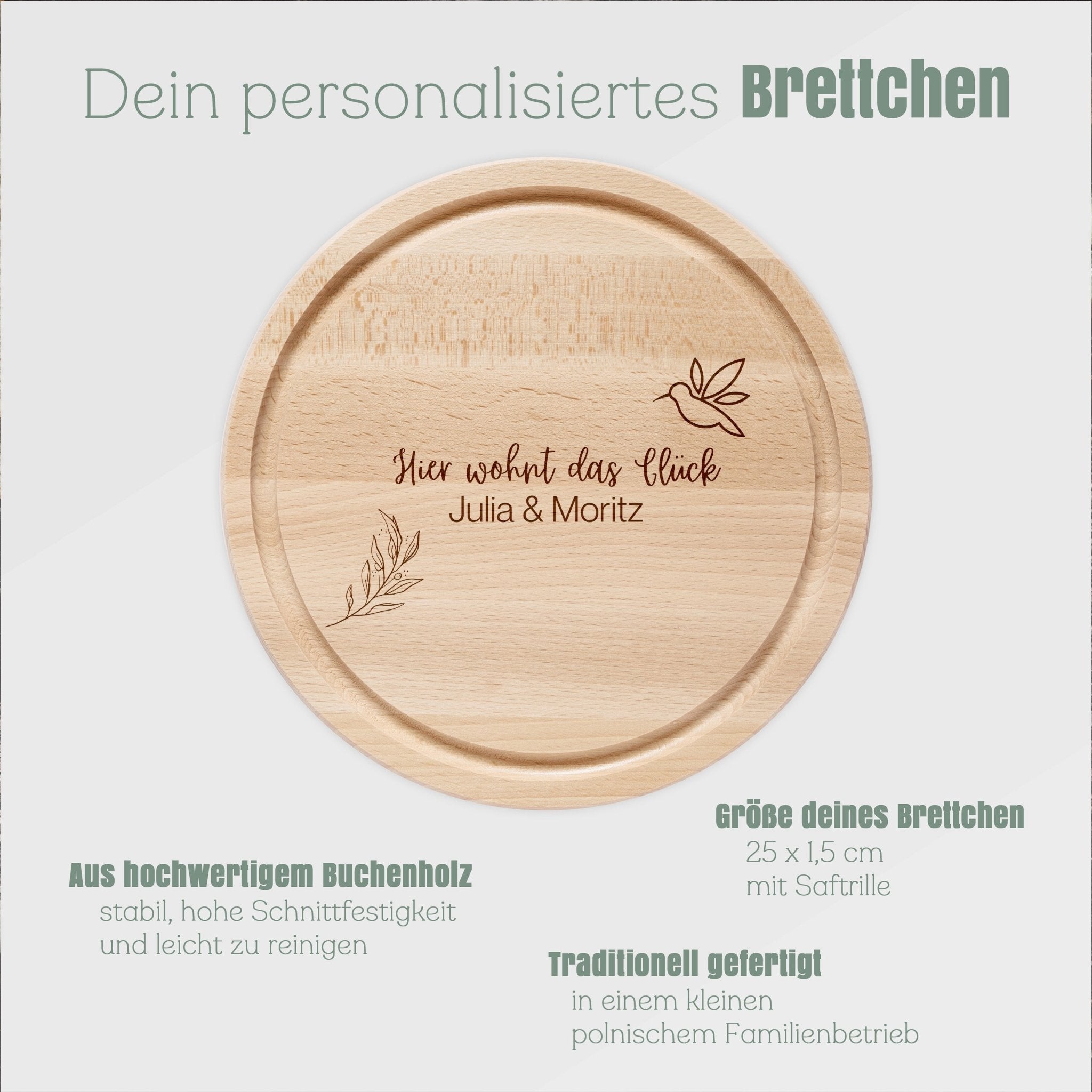 Rundes Holzbrett - Hier wohnt das Glück Namen - Abenteuernah