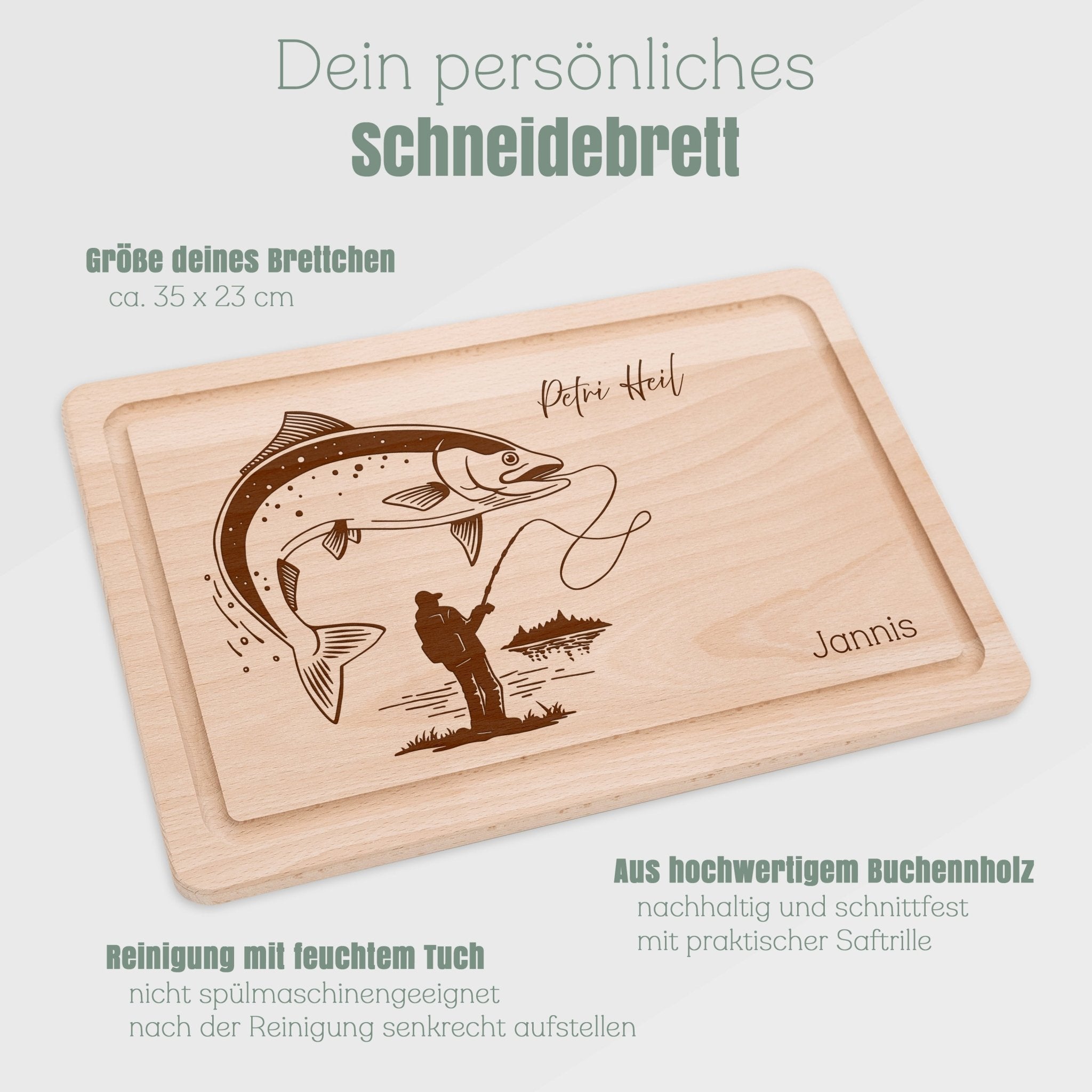 Schneidebrett mit Saftrille - Angler mit Fisch - Abenteuernah