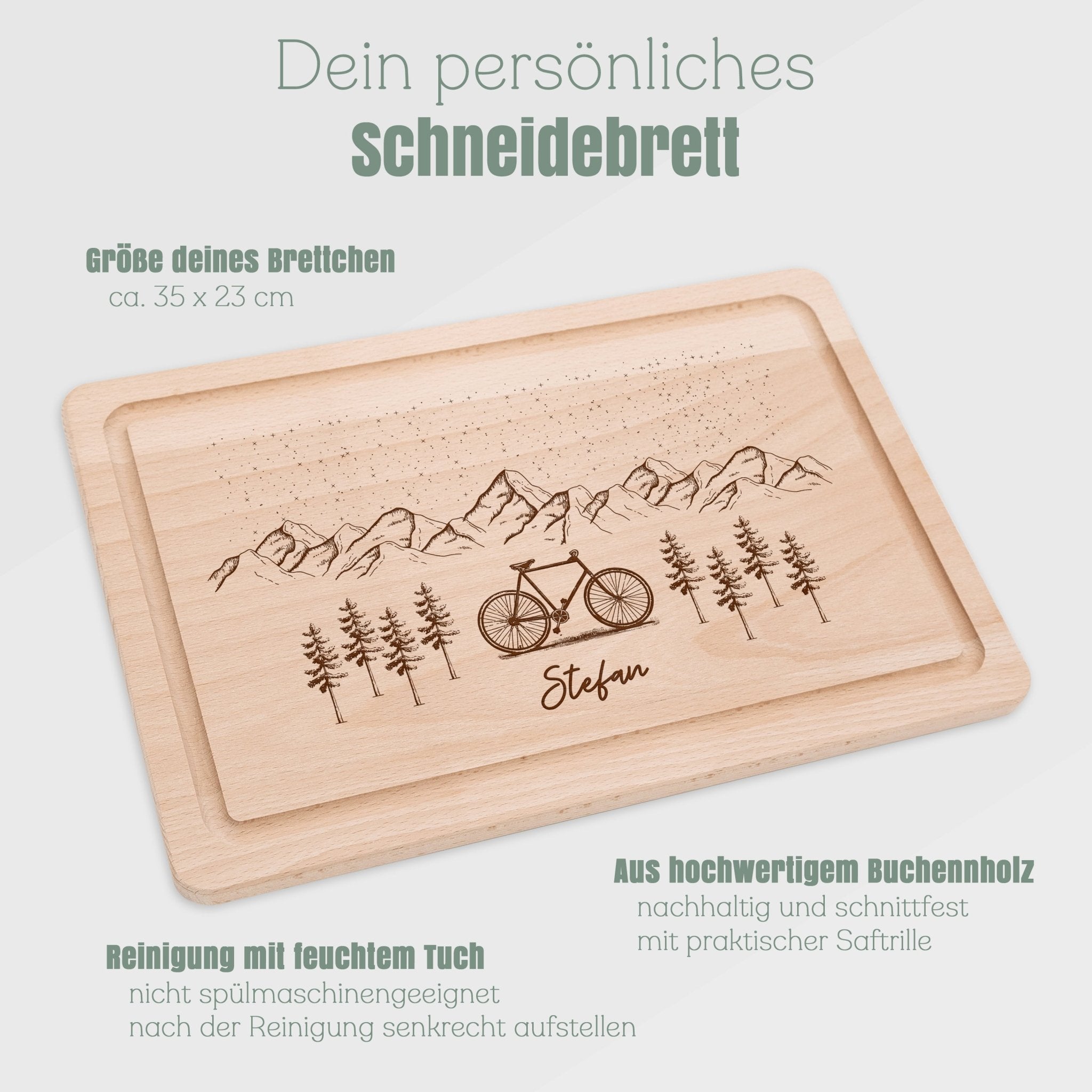 Schneidebrett mit Saftrille - Berge und Fahrrad - Abenteuernah