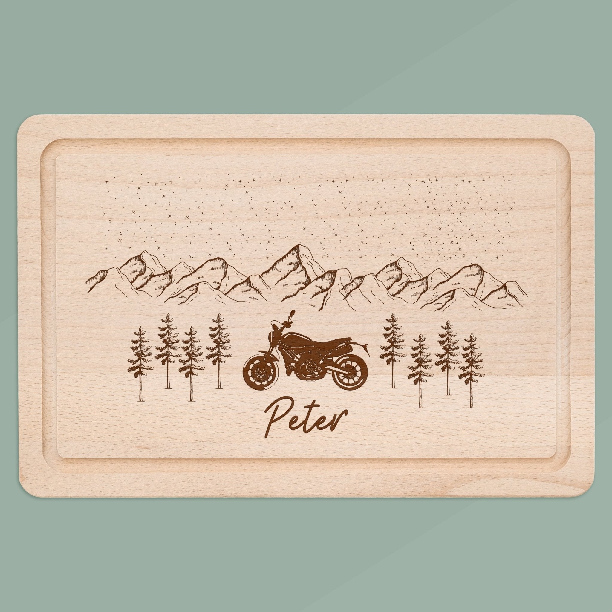 Schneidebrett mit Saftrille - Berge und Motorrad - Abenteuernah