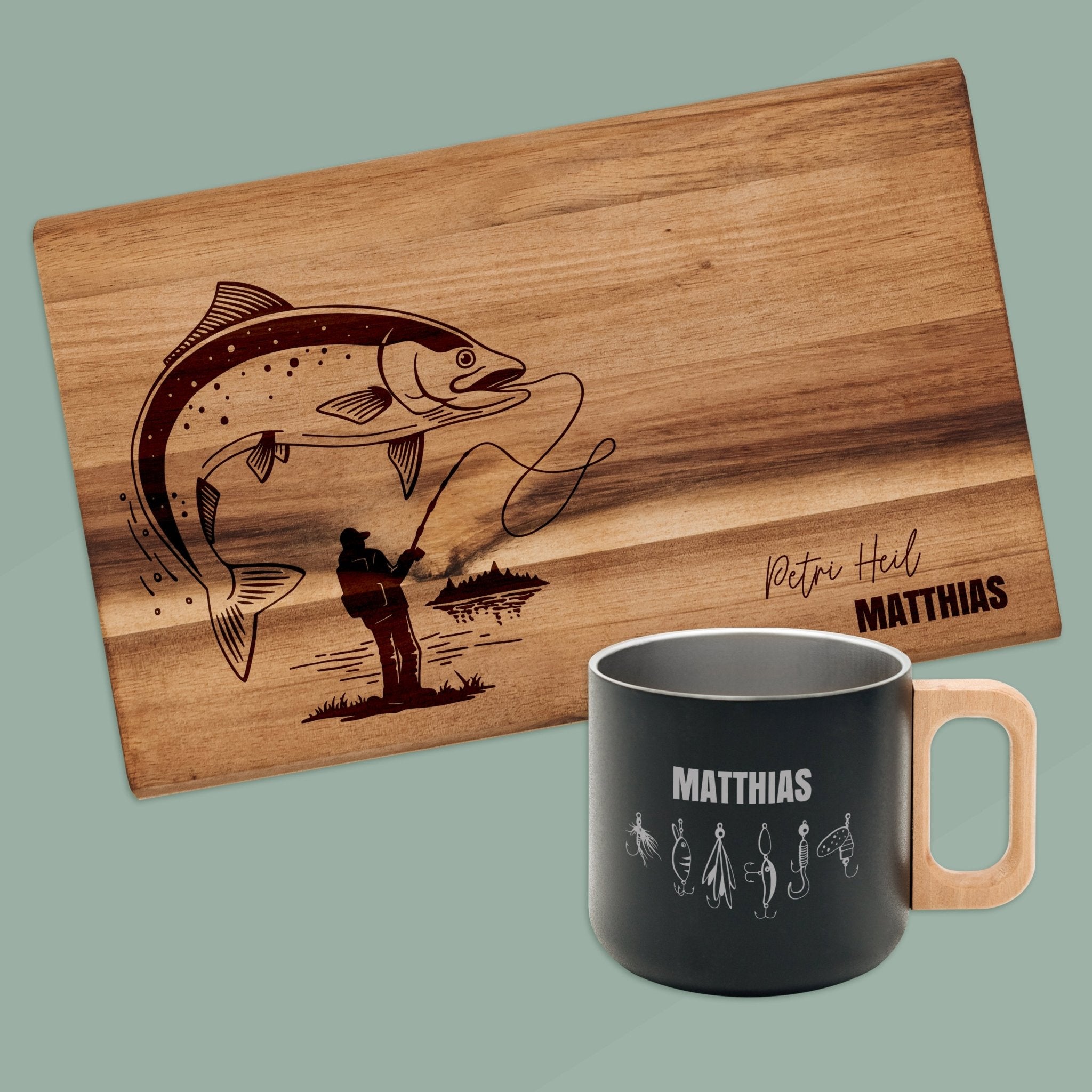 Set Frühstücksbrett Akazie und Edelstahltasse - Angler - Abenteuernah
