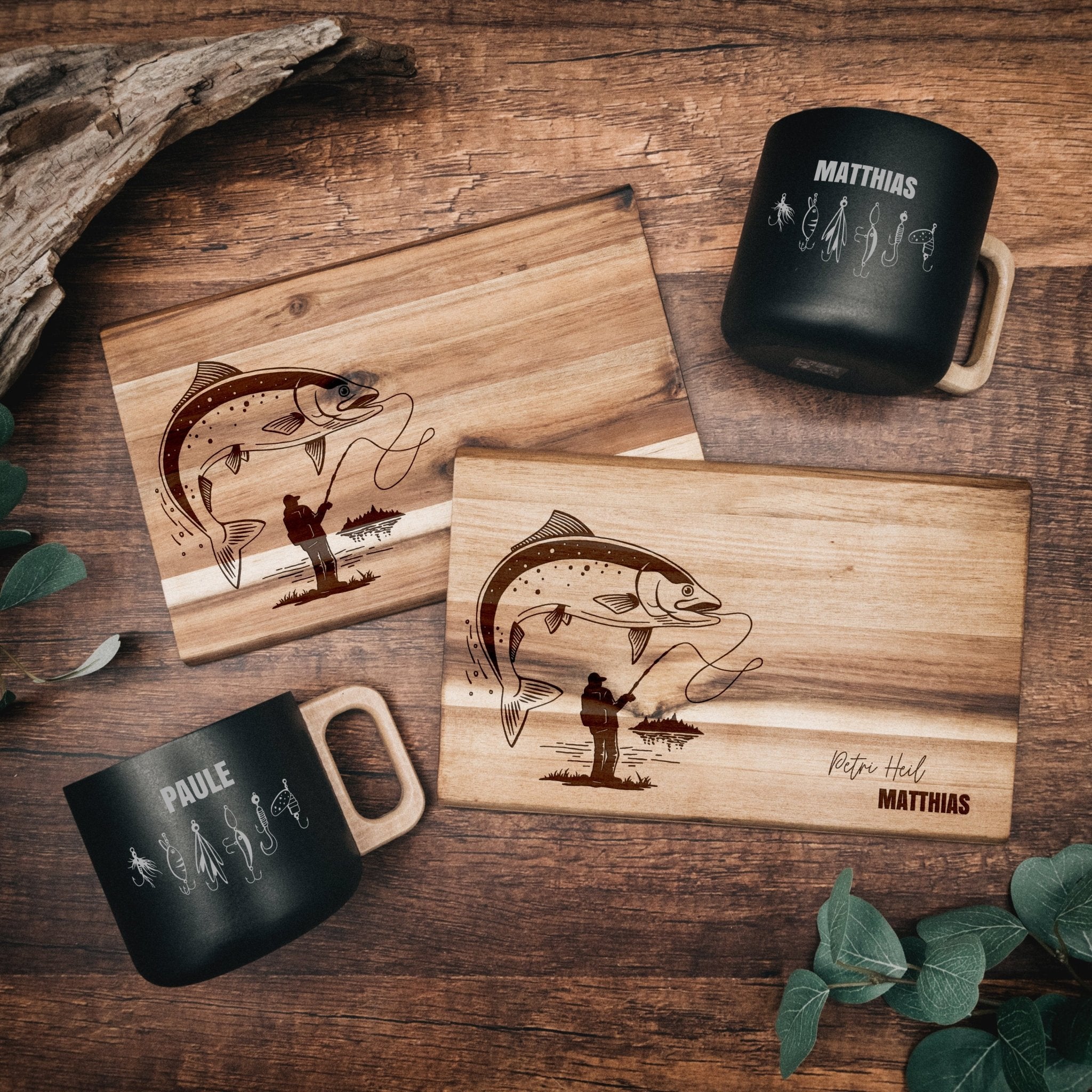 Set Frühstücksbrett Akazie und Edelstahltasse - Angler - Abenteuernah