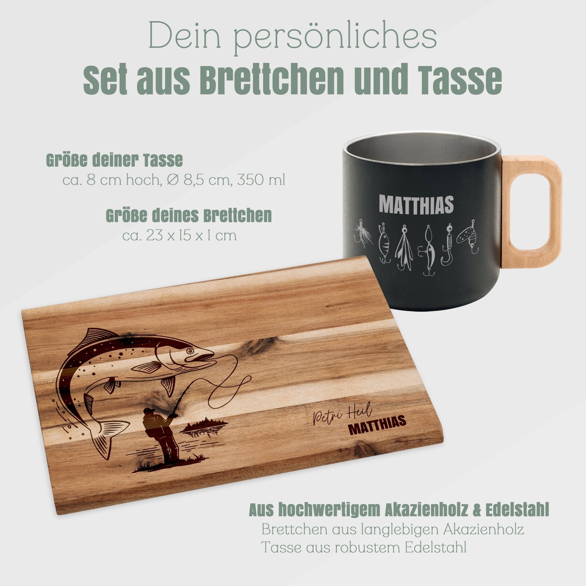 Set Frühstücksbrett Akazie und Edelstahltasse - Angler - Abenteuernah