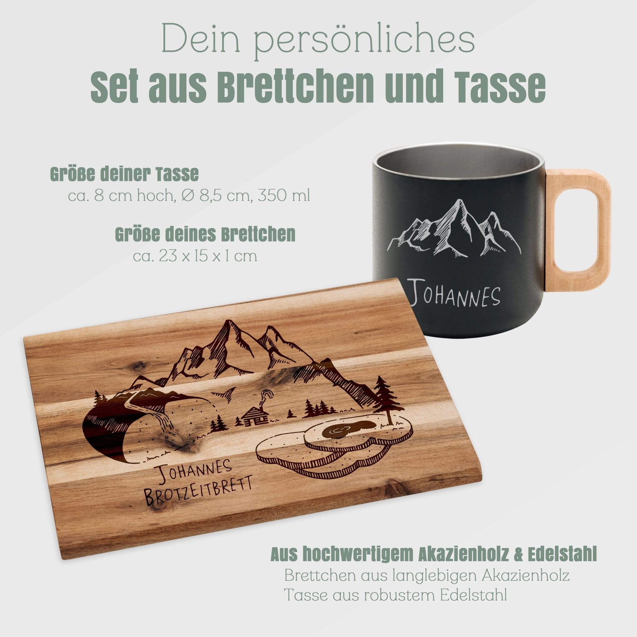 Set Frühstücksbrett Akazie und Edelstahltasse - Brotzeitlandschaft - Abenteuernah