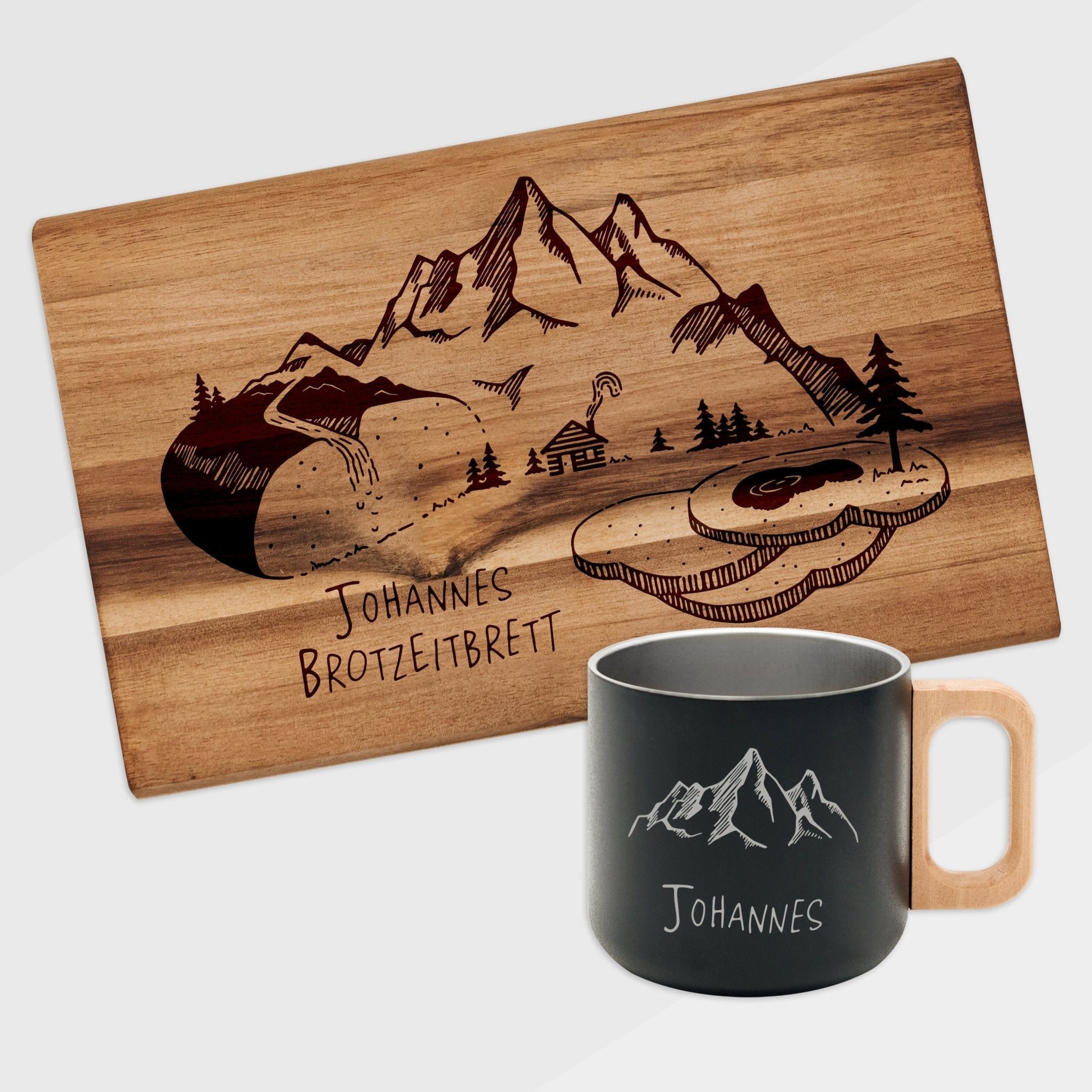 Set Frühstücksbrett Akazie und Edelstahltasse - Brotzeitlandschaft - Abenteuernah