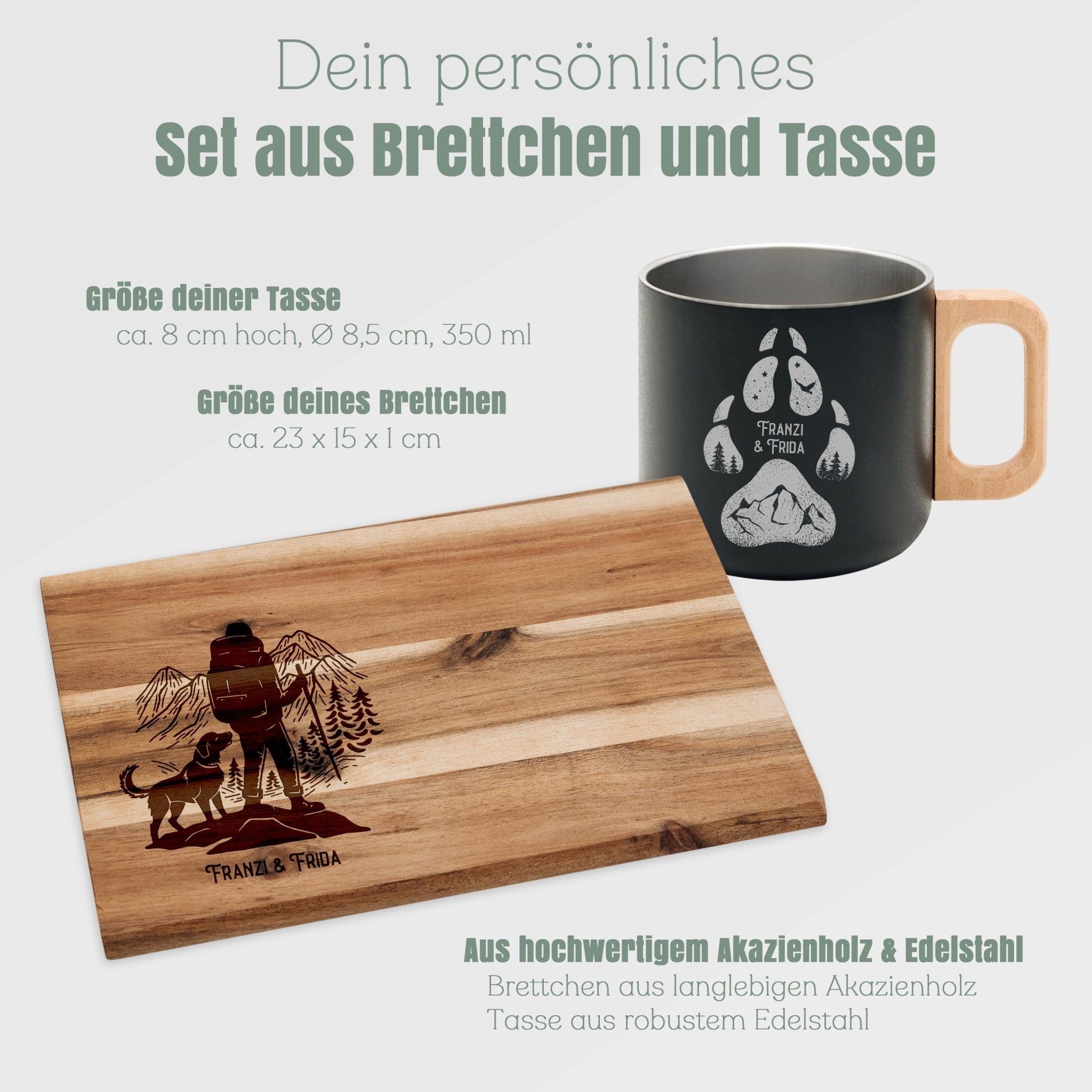 Set Frühstücksbrett Akazie und Edelstahltasse - Wanderer mit Hund - Abenteuernah