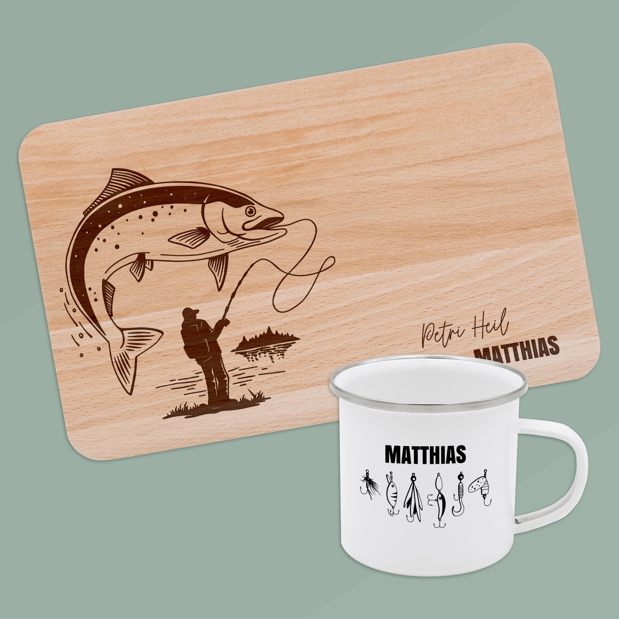 Set Frühstücksbrett Buche und Emailletasse - Angler - Abenteuernah