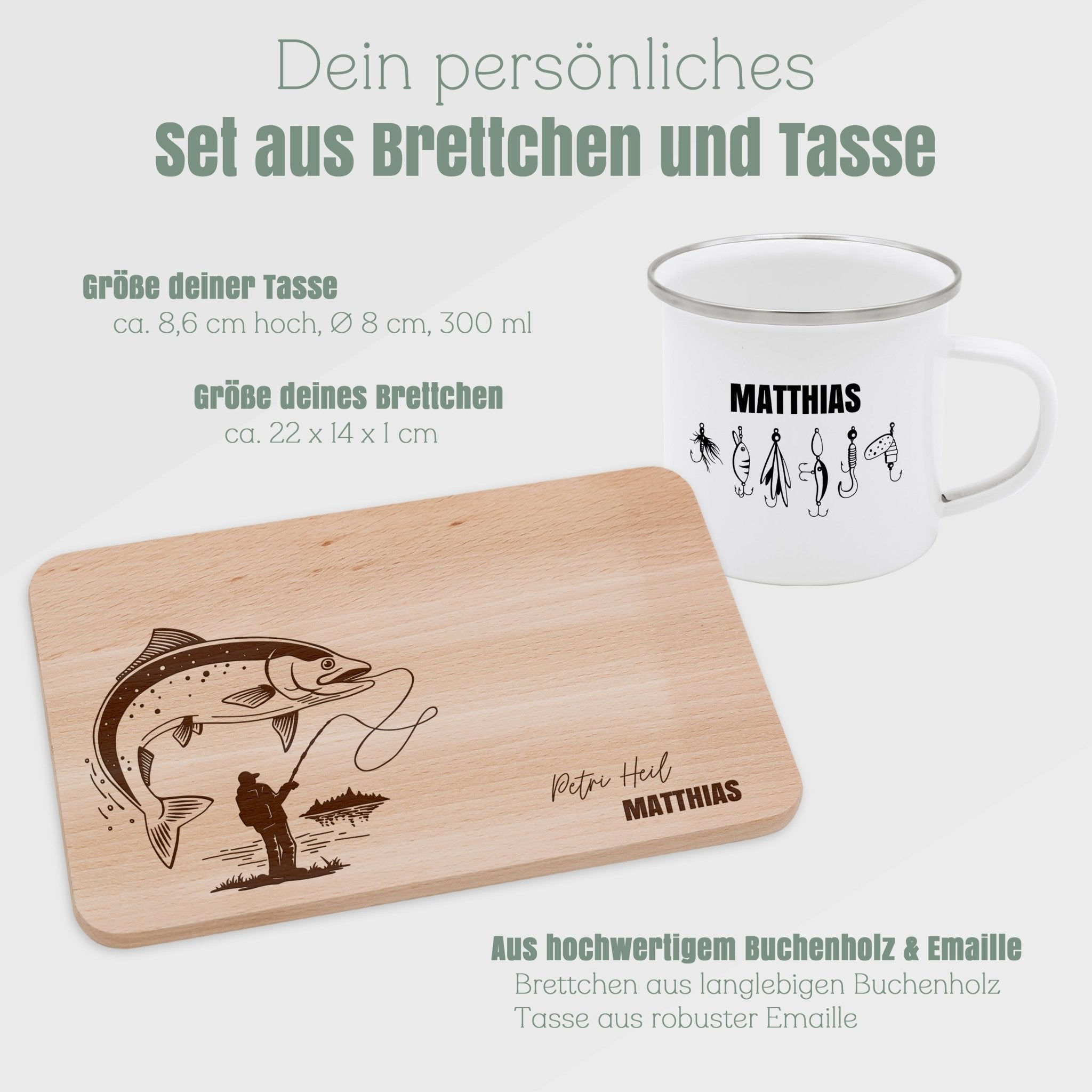 Set Frühstücksbrett Buche und Emailletasse - Angler - Abenteuernah