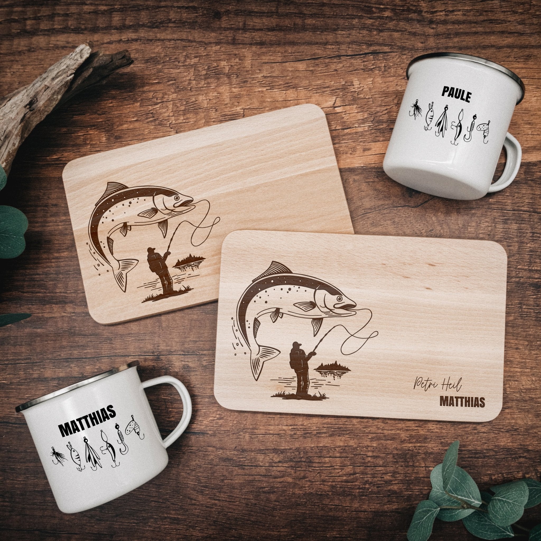 Set Frühstücksbrett Buche und Emailletasse - Angler - Abenteuernah