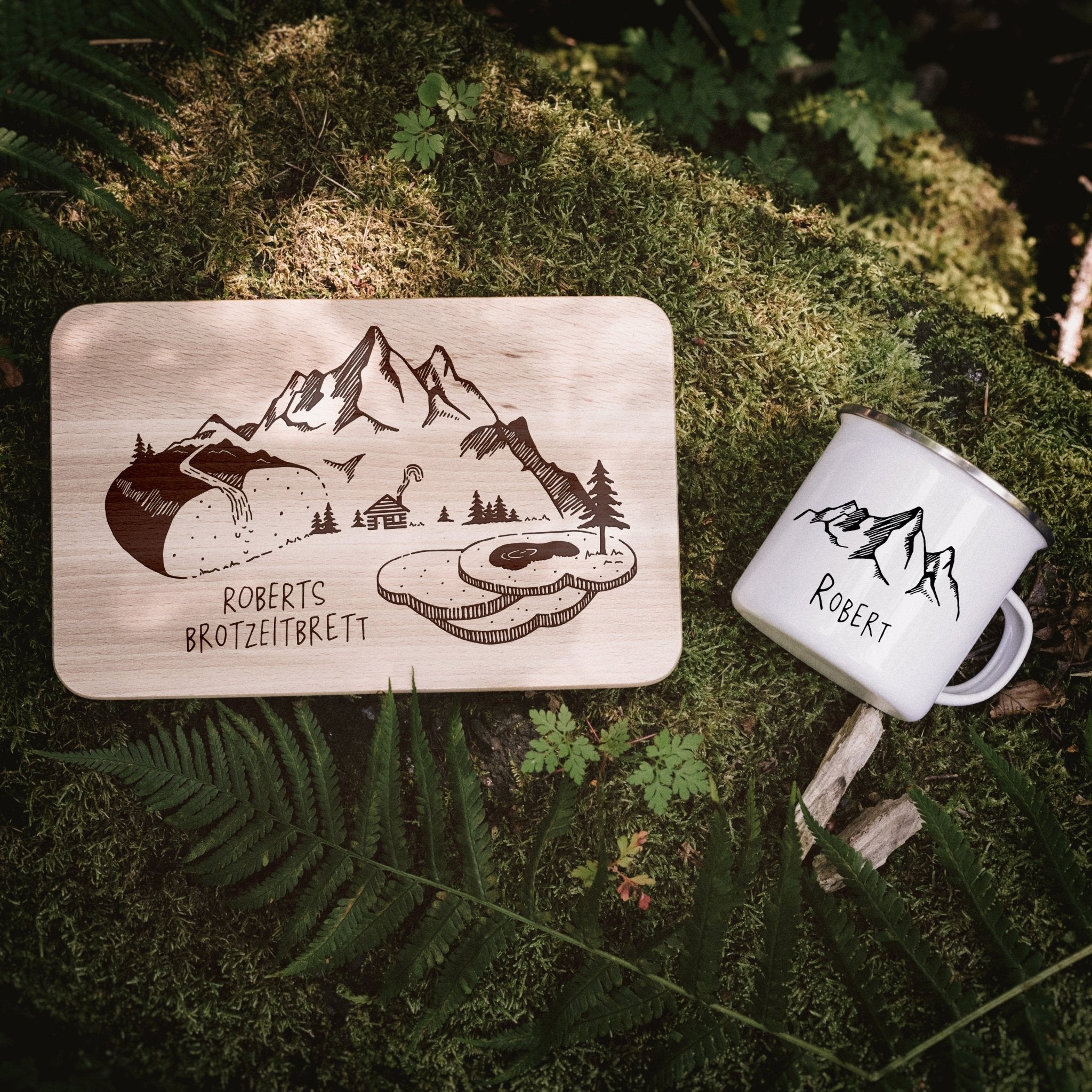 Set Frühstücksbrett Buche und Emailletasse - Brotzeitlandschaft - Abenteuernah