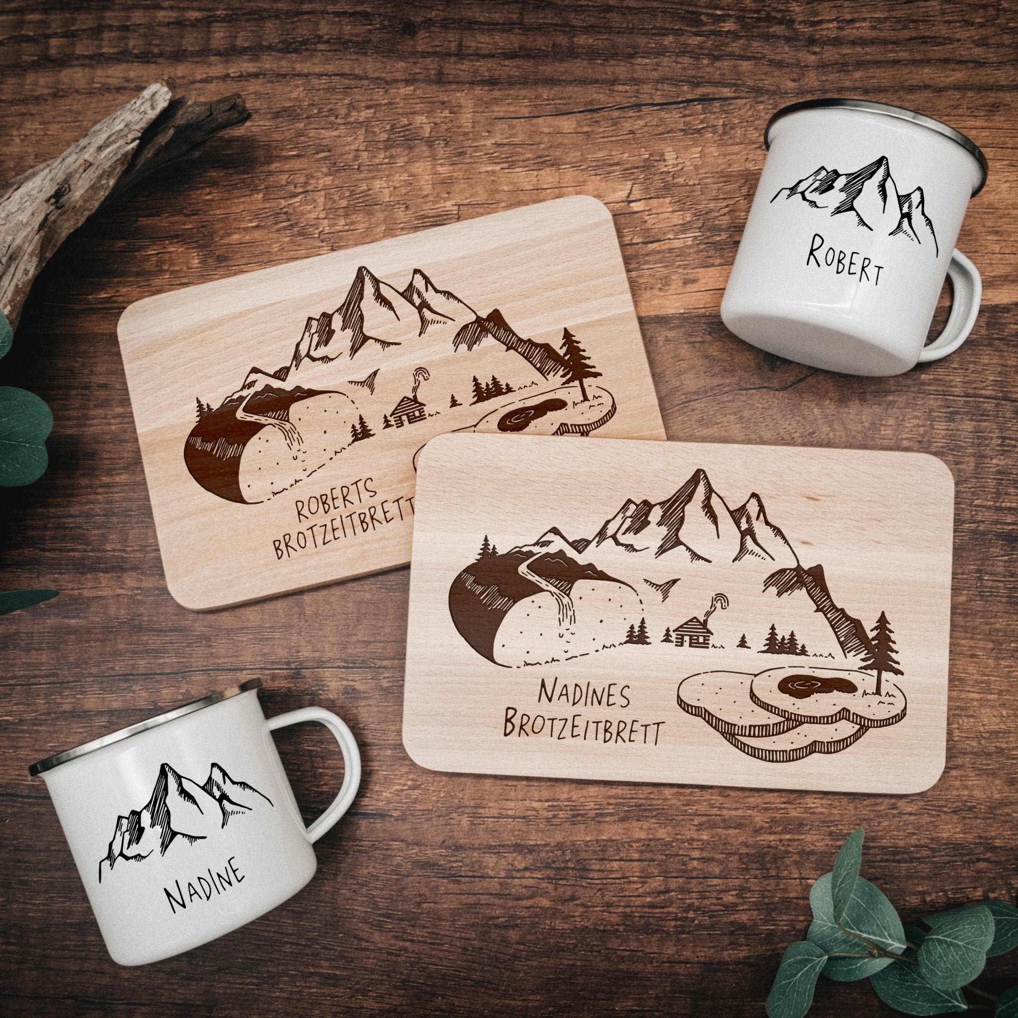 Set Frühstücksbrett Buche und Emailletasse - Brotzeitlandschaft - Abenteuernah