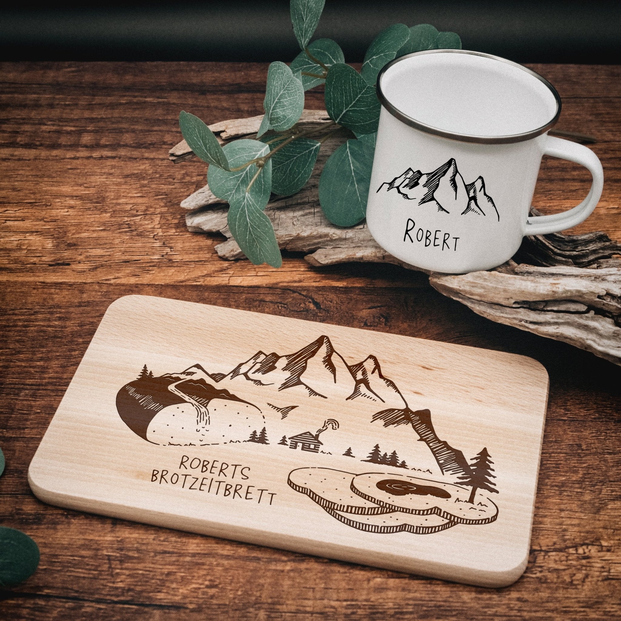 Set Frühstücksbrett Buche und Emailletasse - Brotzeitlandschaft - Abenteuernah