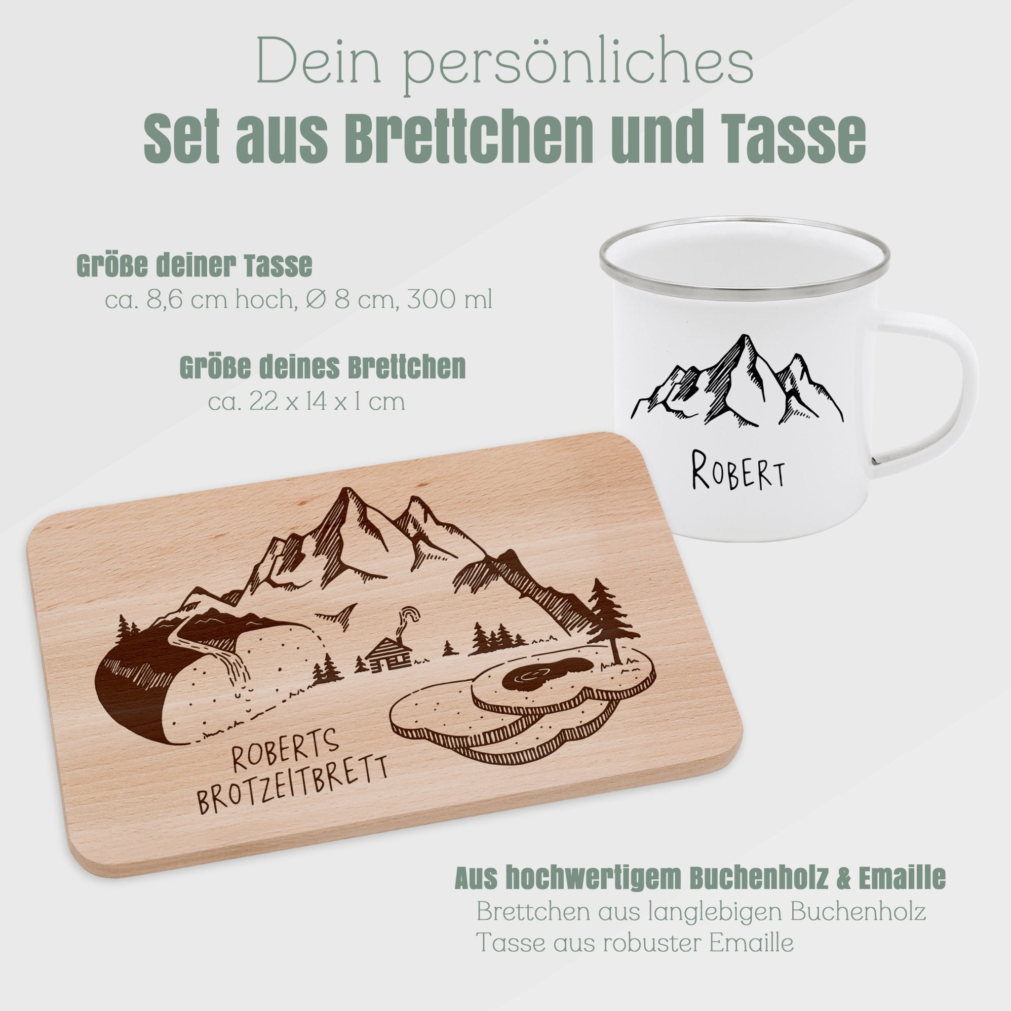 Set Frühstücksbrett Buche und Emailletasse - Brotzeitlandschaft - Abenteuernah