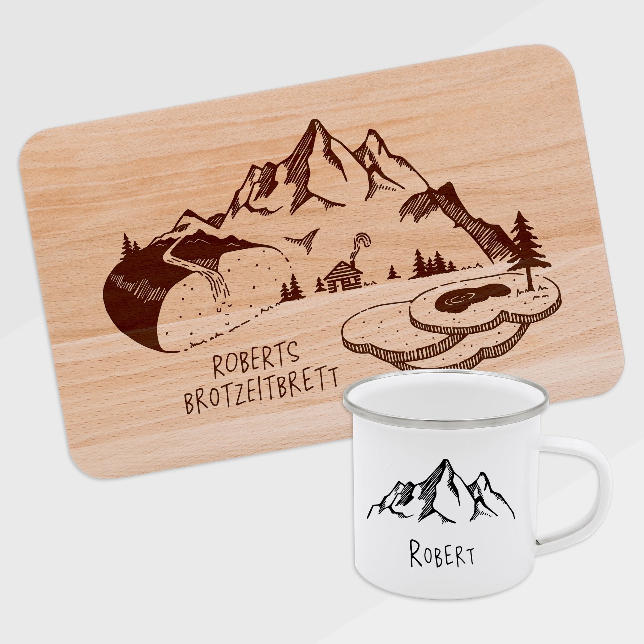 Set Frühstücksbrett Buche und Emailletasse - Brotzeitlandschaft - Abenteuernah