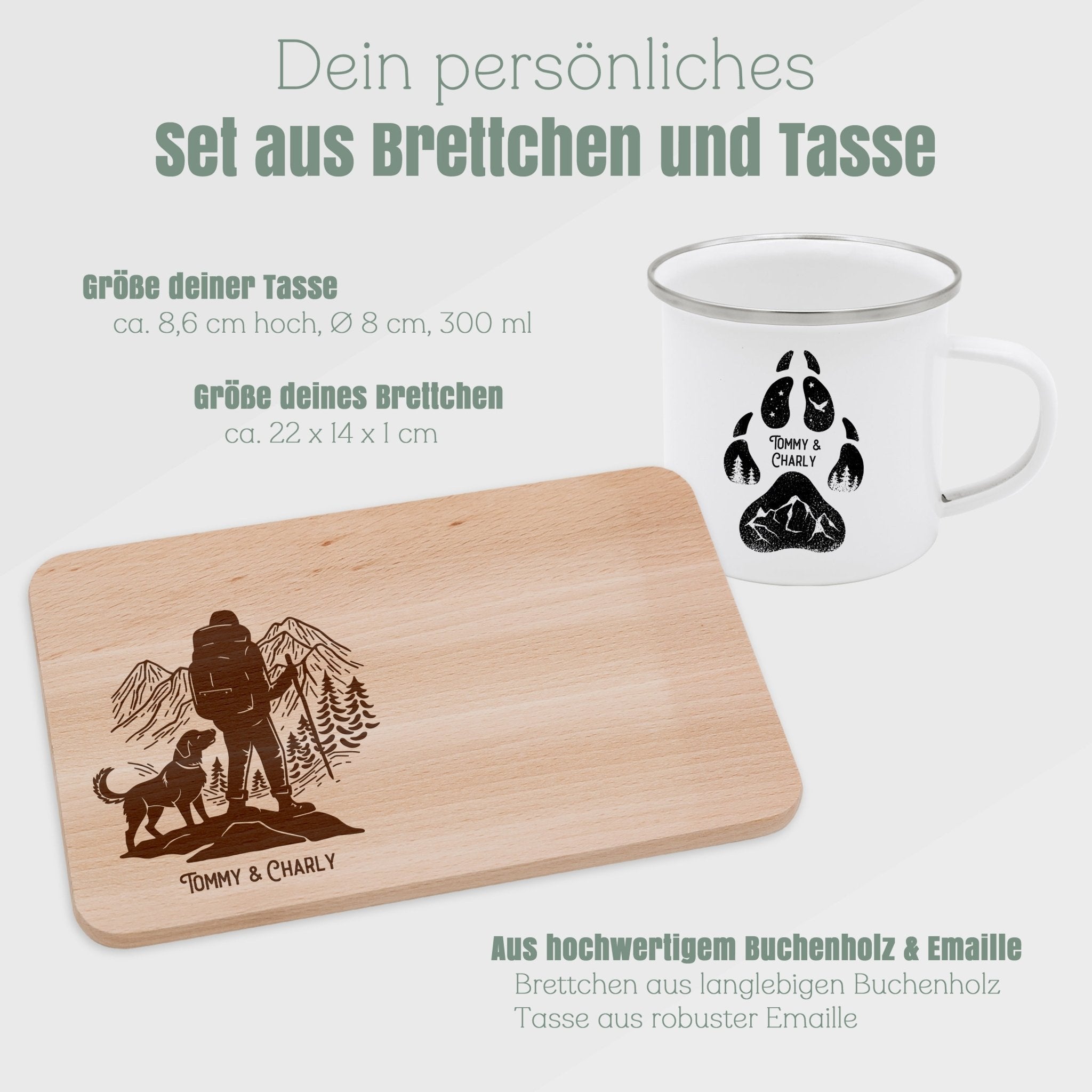 Set Frühstücksbrett Buche und Emailletasse - Hund - Abenteuernah