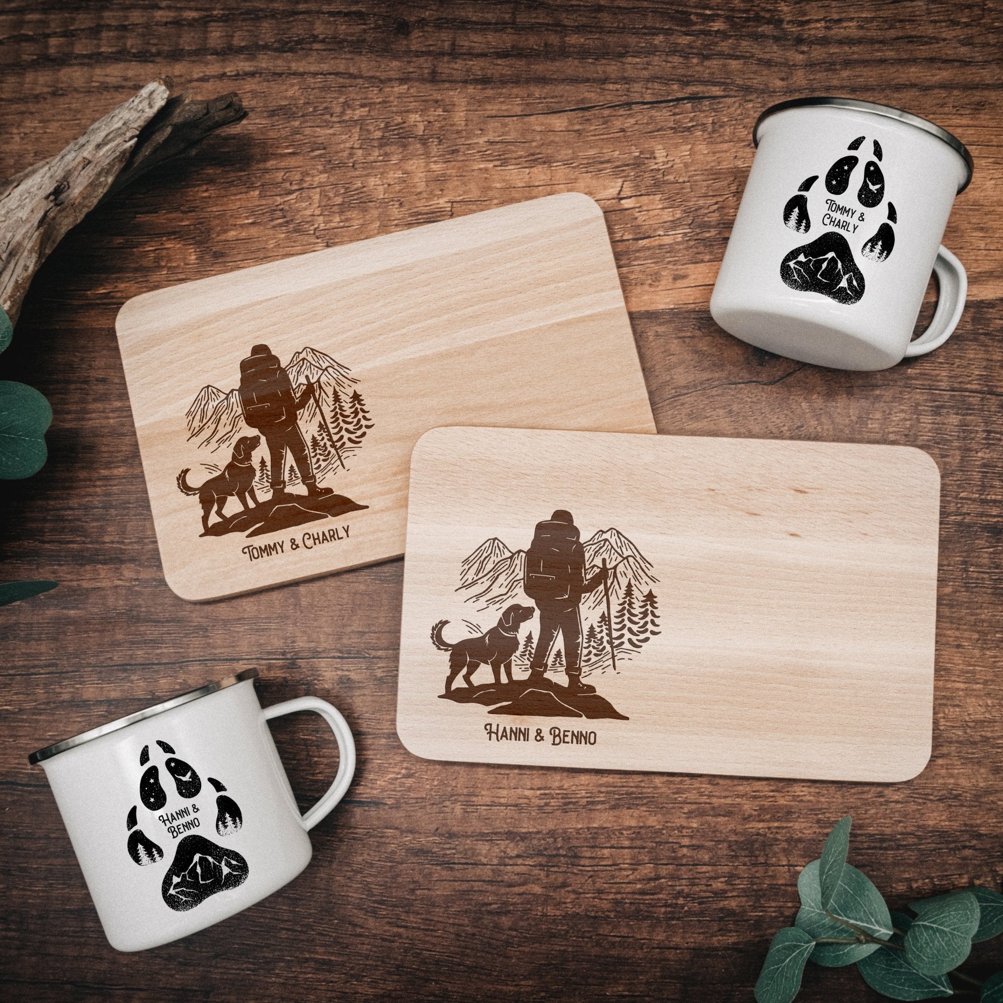 Set Frühstücksbrett Buche und Emailletasse - Hund - Abenteuernah