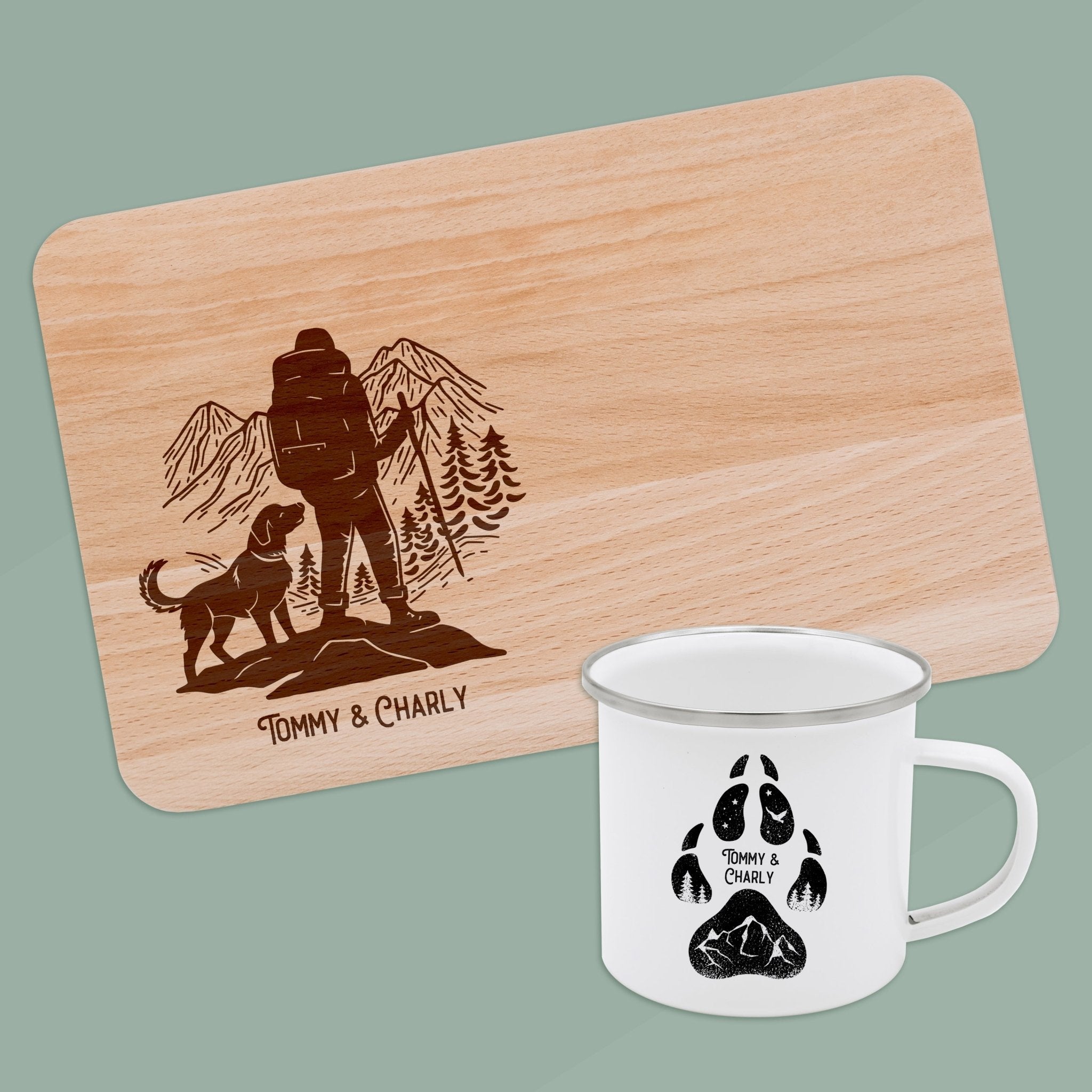 Set Frühstücksbrett Buche und Emailletasse - Hund - Abenteuernah