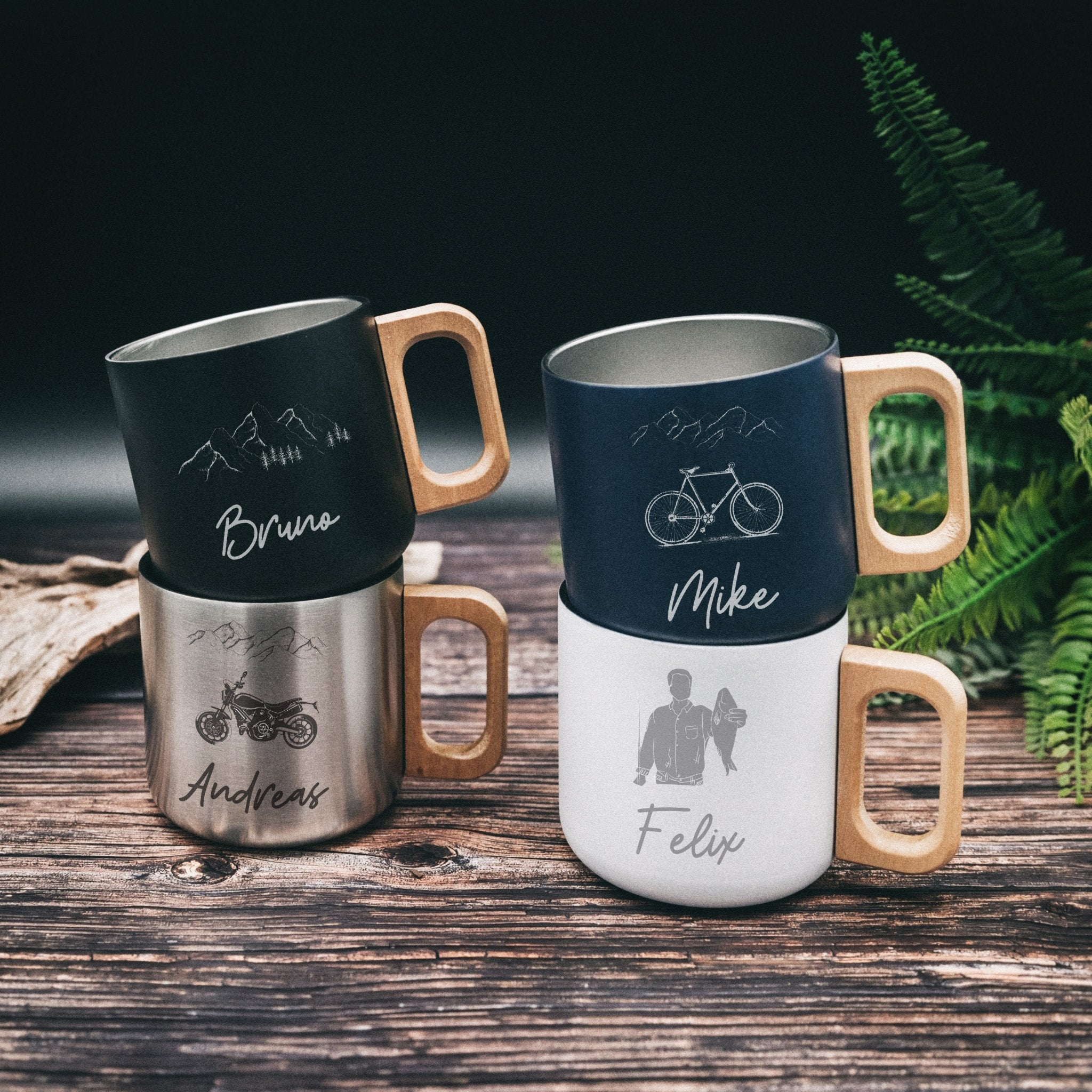 Thermobecher mit Holzgriff - Motiv und Name - Abenteuernah