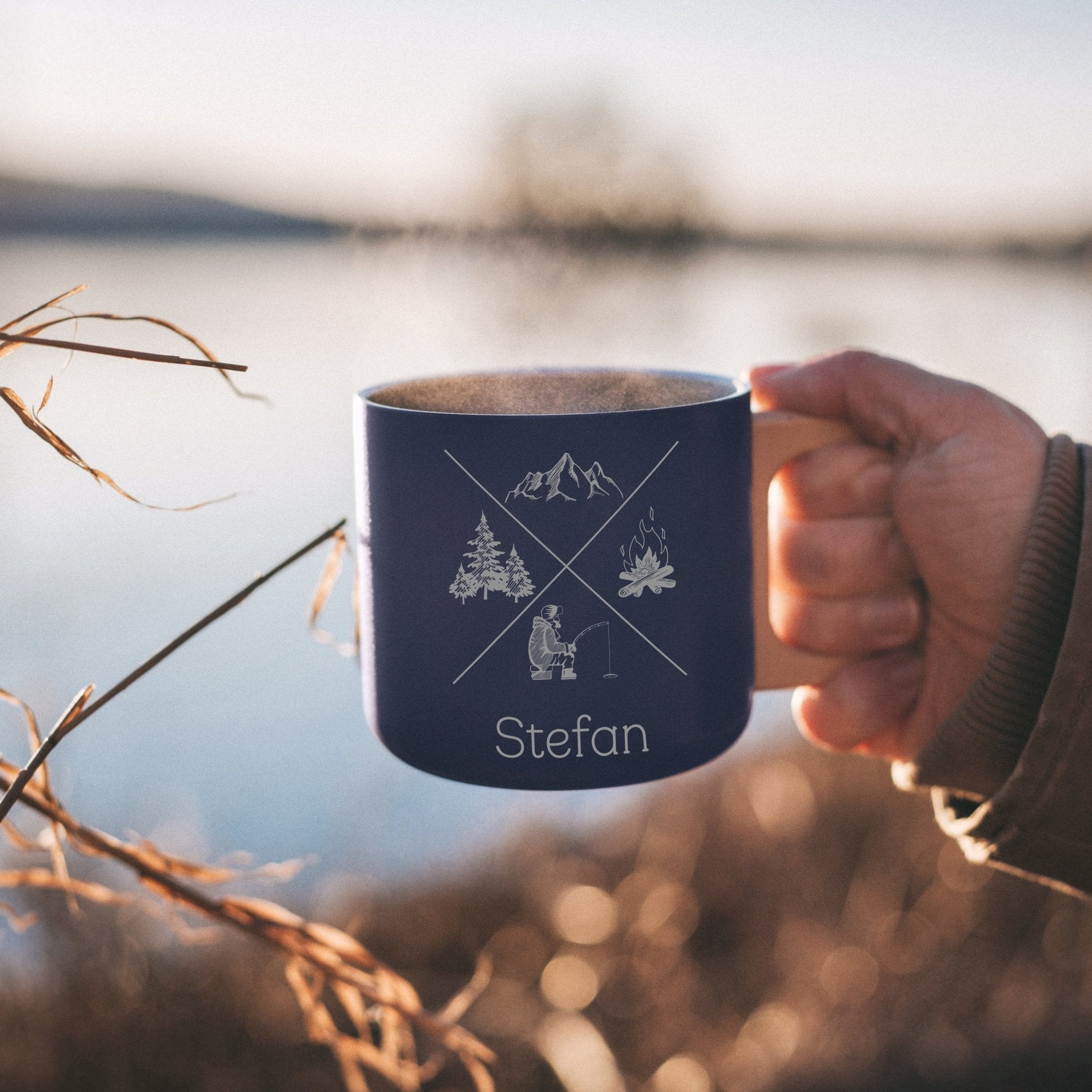 Thermobecher mit Holzgriff - X - Motiv - Abenteuernah