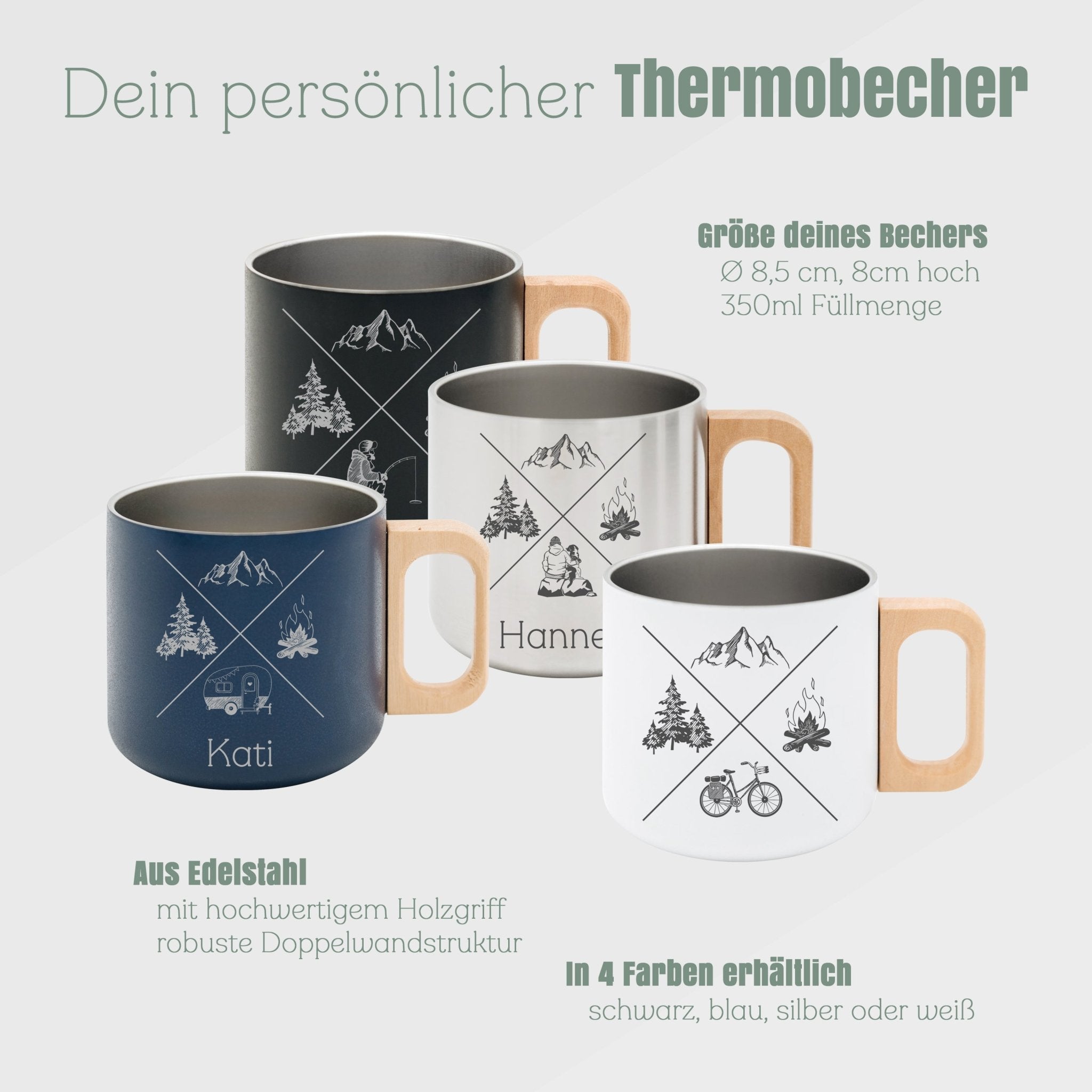 Thermobecher mit Holzgriff - X - Motiv - Abenteuernah