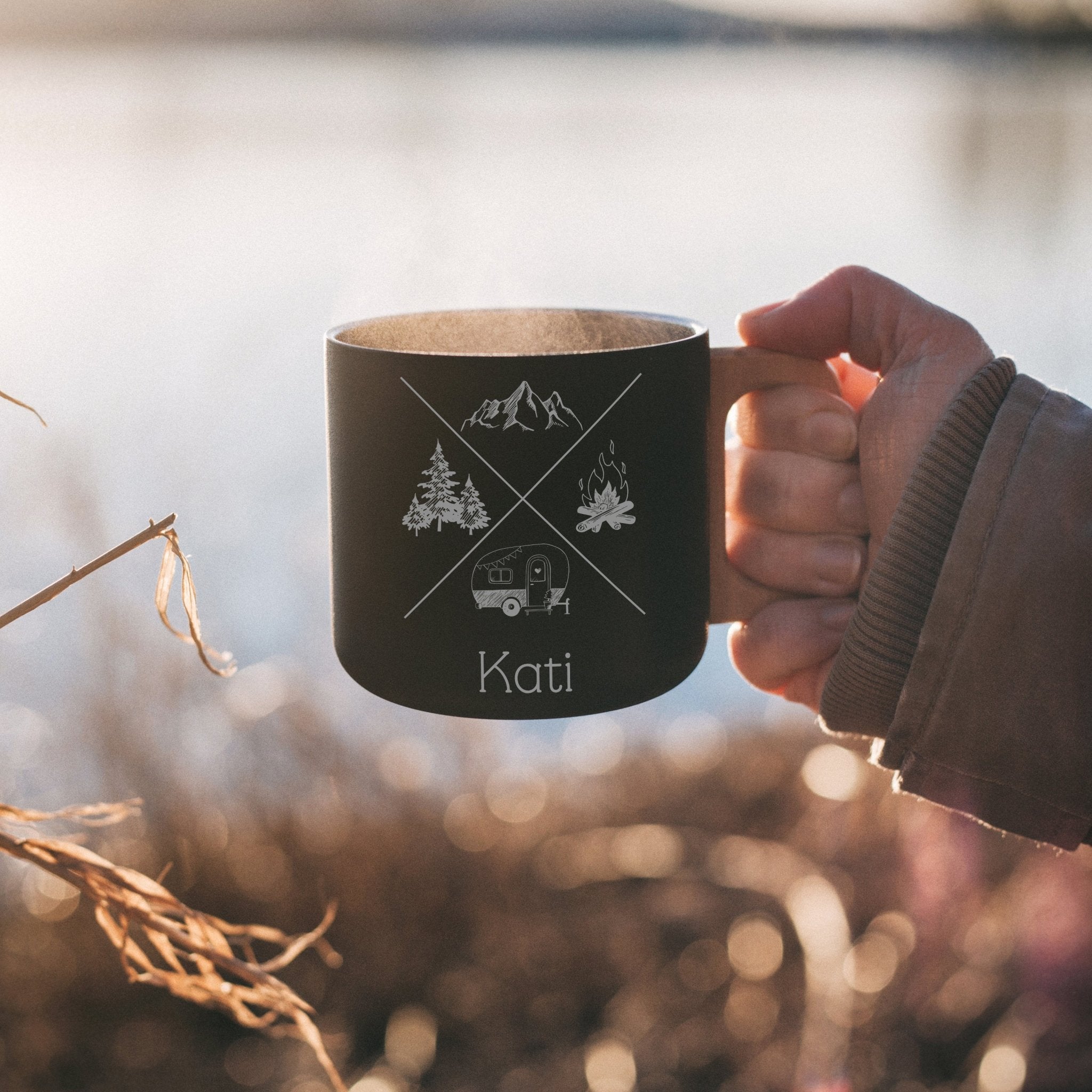 Thermobecher mit Holzgriff - X - Motiv - Abenteuernah