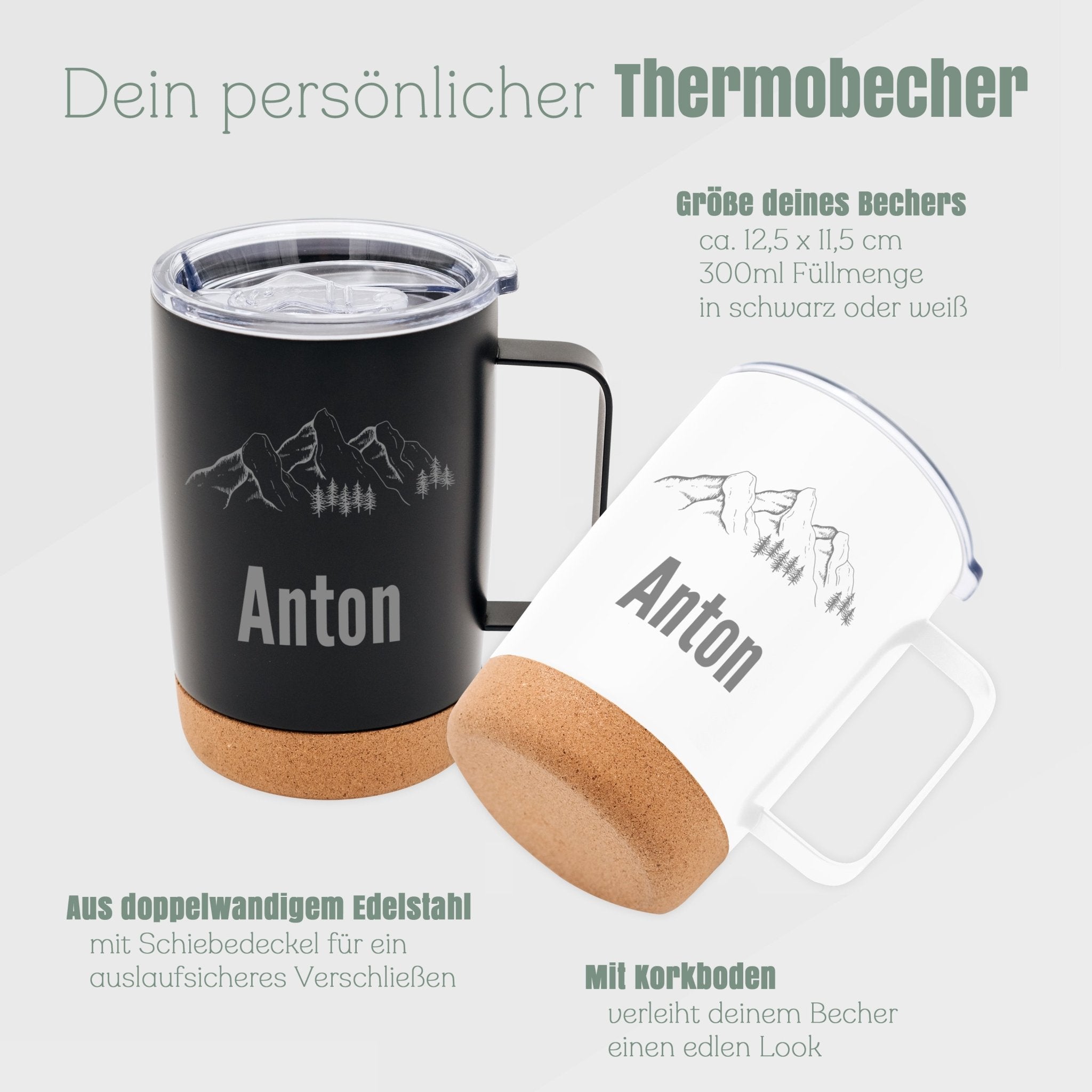 Thermobecher mit Korkboden - Motiv und Name - Abenteuernah