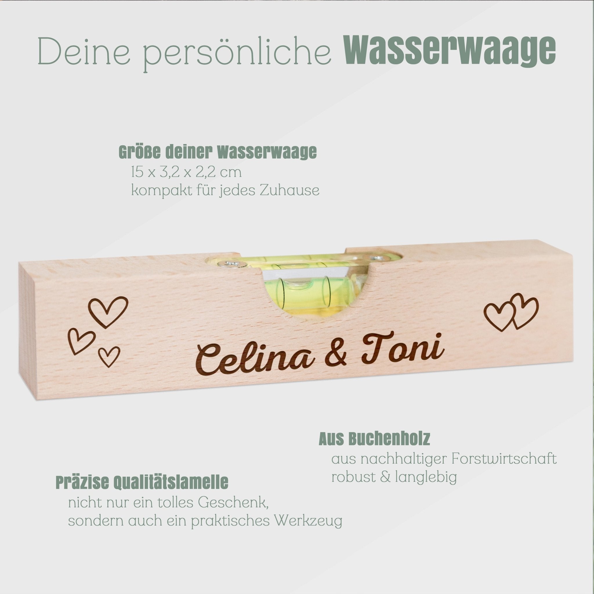 Wasserwaage Holz - Namen Herzen - Abenteuernah