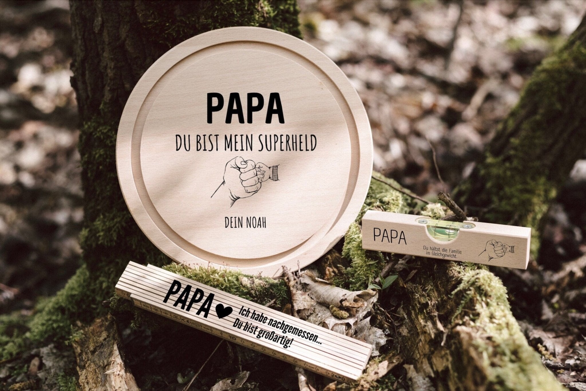 Geschenkset "Papa mein Superheld" - Wasserwaage, Zollstock, Rundes Brett - Abenteuernah