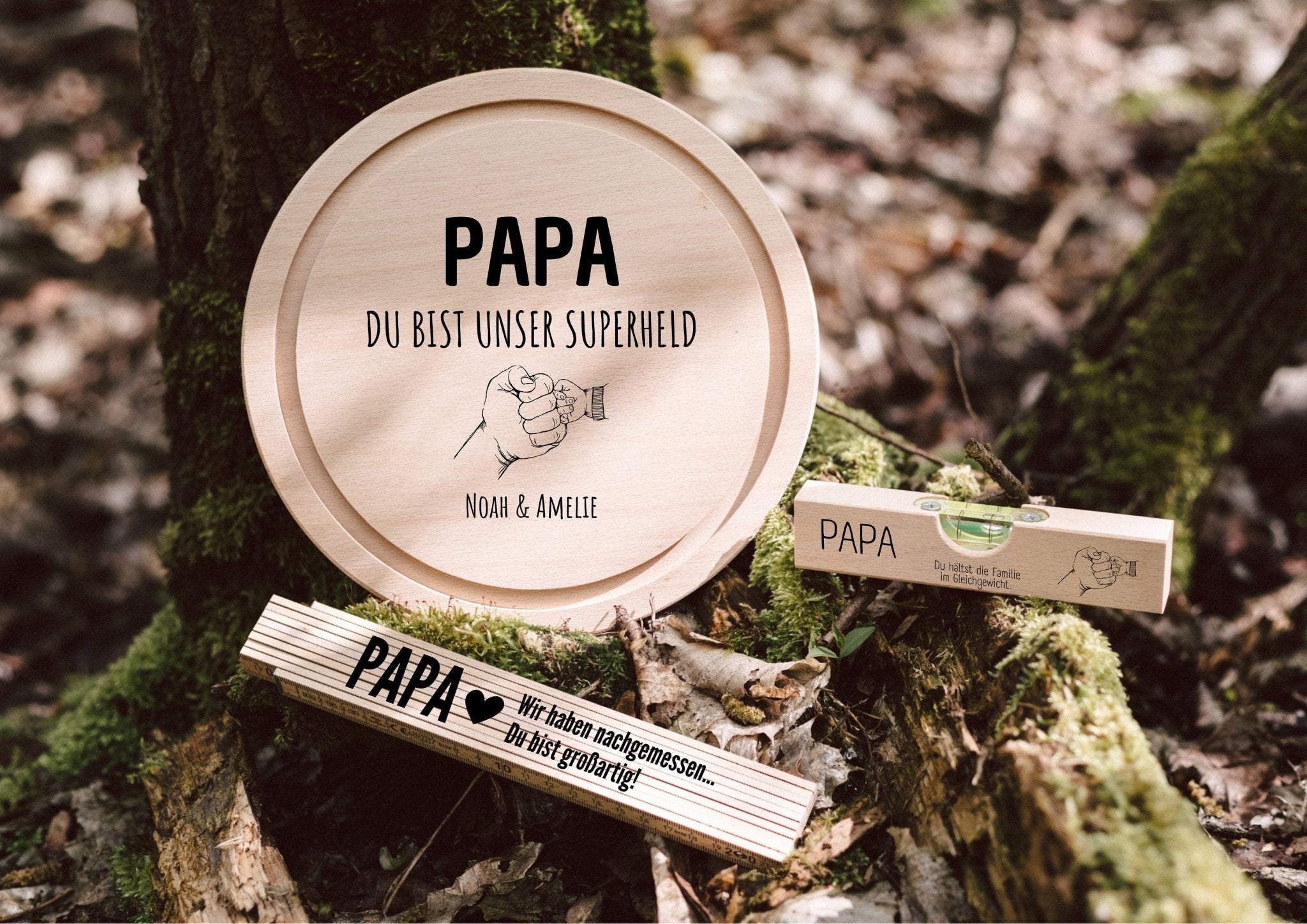 Geschenkset "Papa unser Superheld" - Wasserwaage, Zollstock, Rundes Brett - Abenteuernah