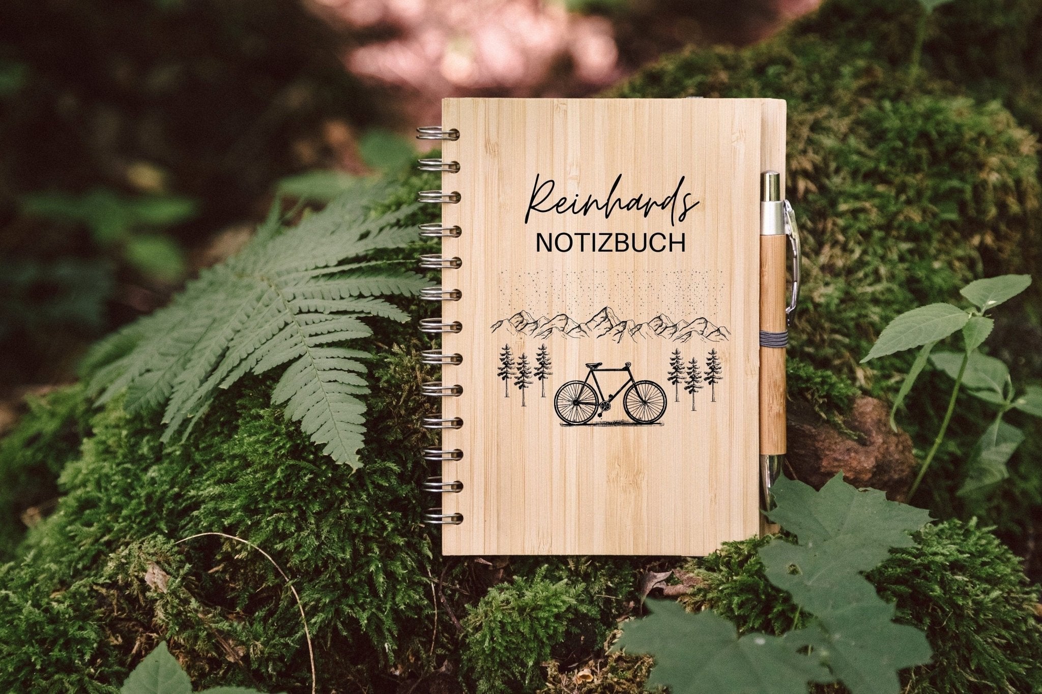 Notizbuch Holz - Fahrrad Berge - Abenteuernah