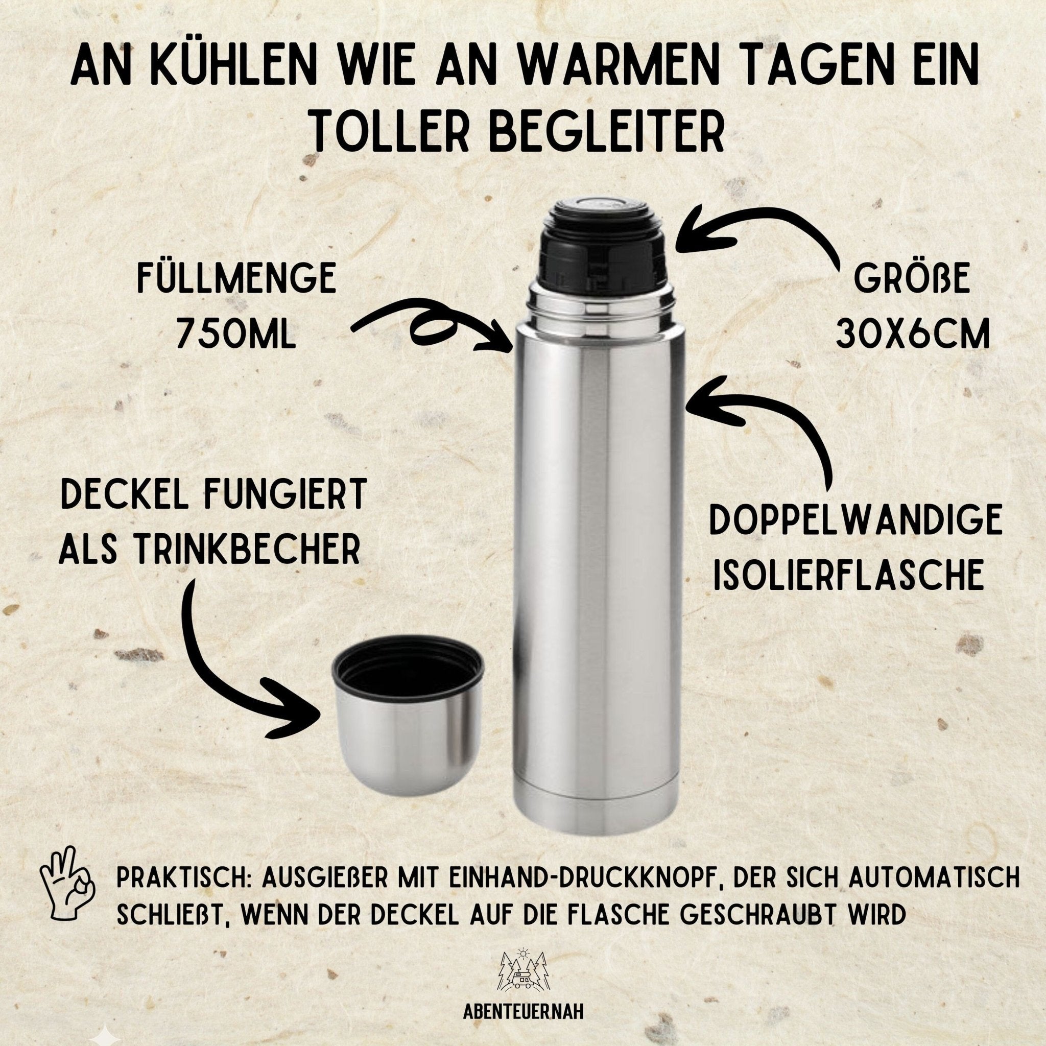 Thermosflasche Edelstahl - Fahrrad Berge - Abenteuernah