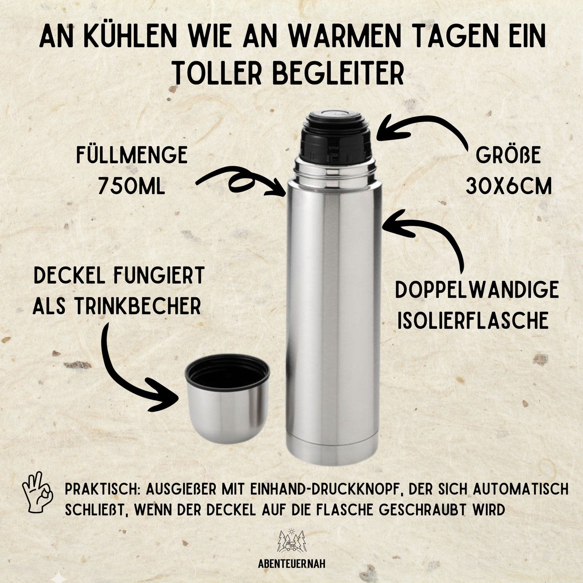 Thermosflasche Edelstahl - Name - Abenteuernah