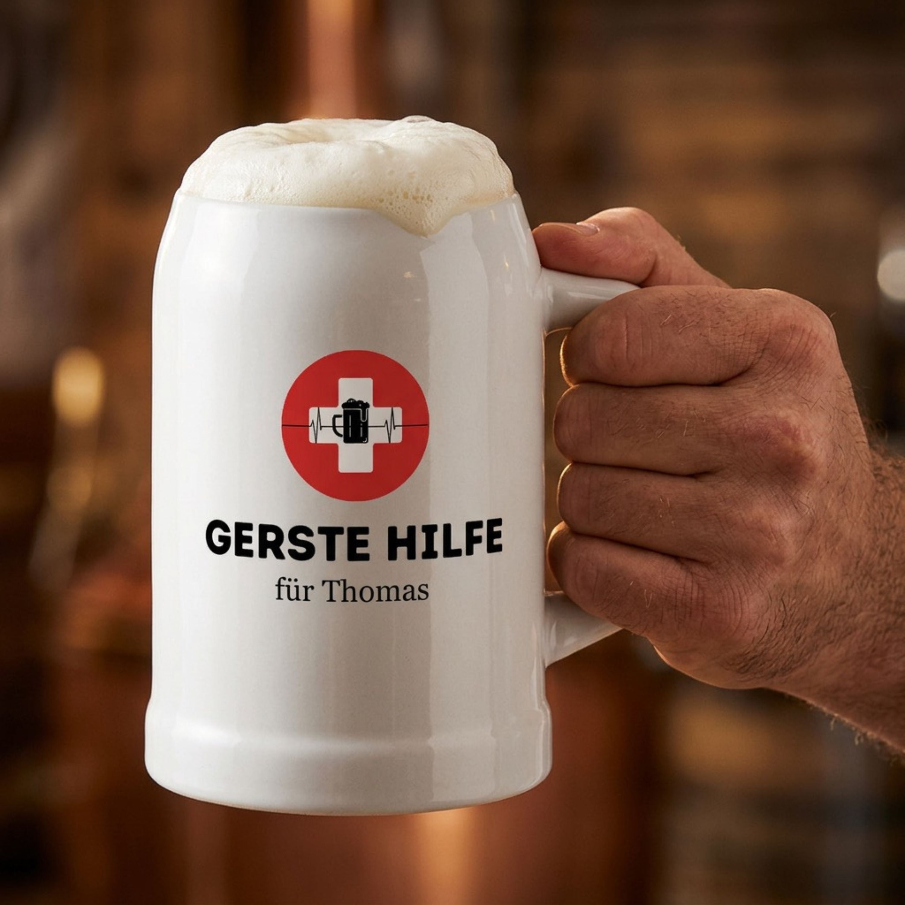 Bierkrug Keramik personalisiert - Gerste Hilfe