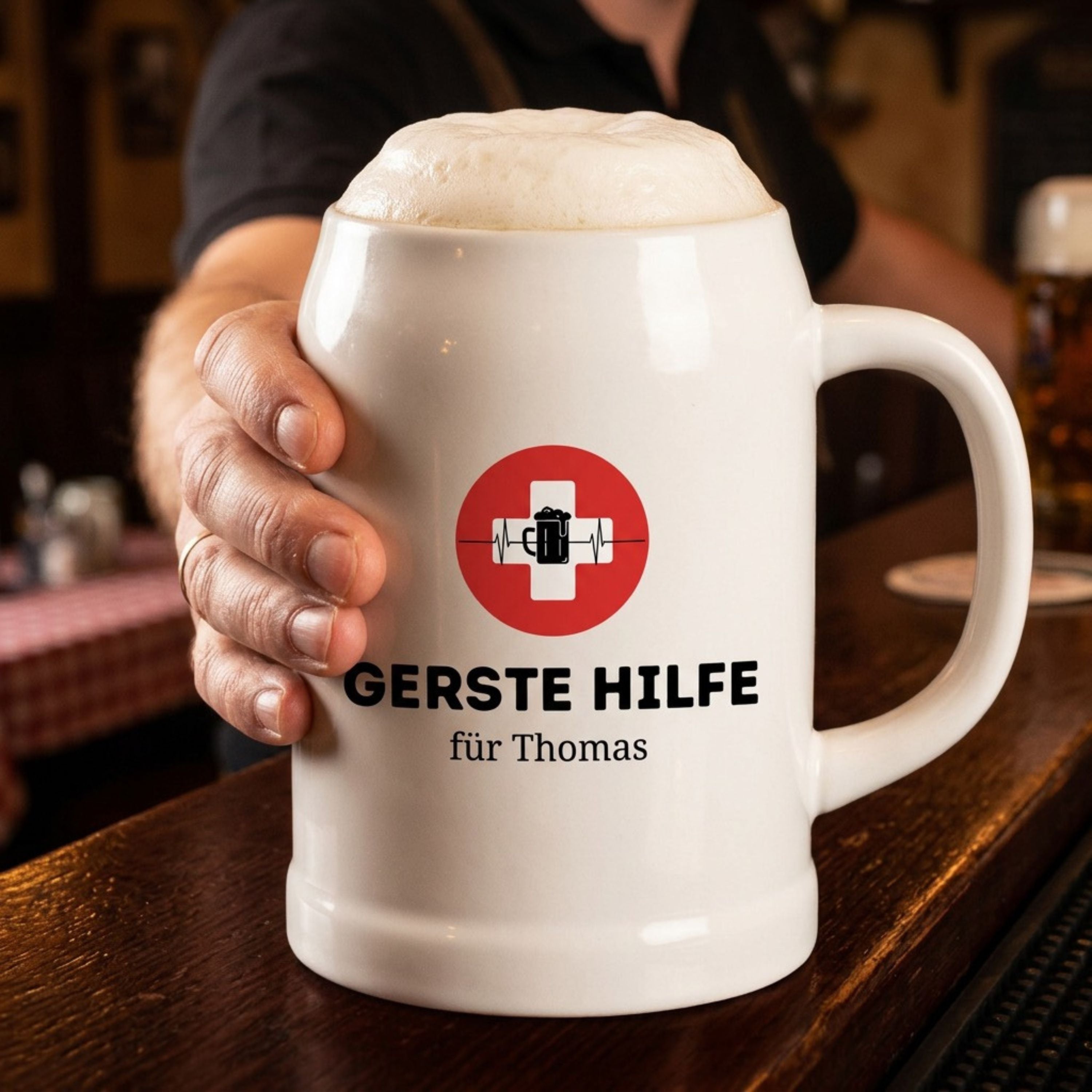 Bierkrug Keramik personalisiert - Gerste Hilfe