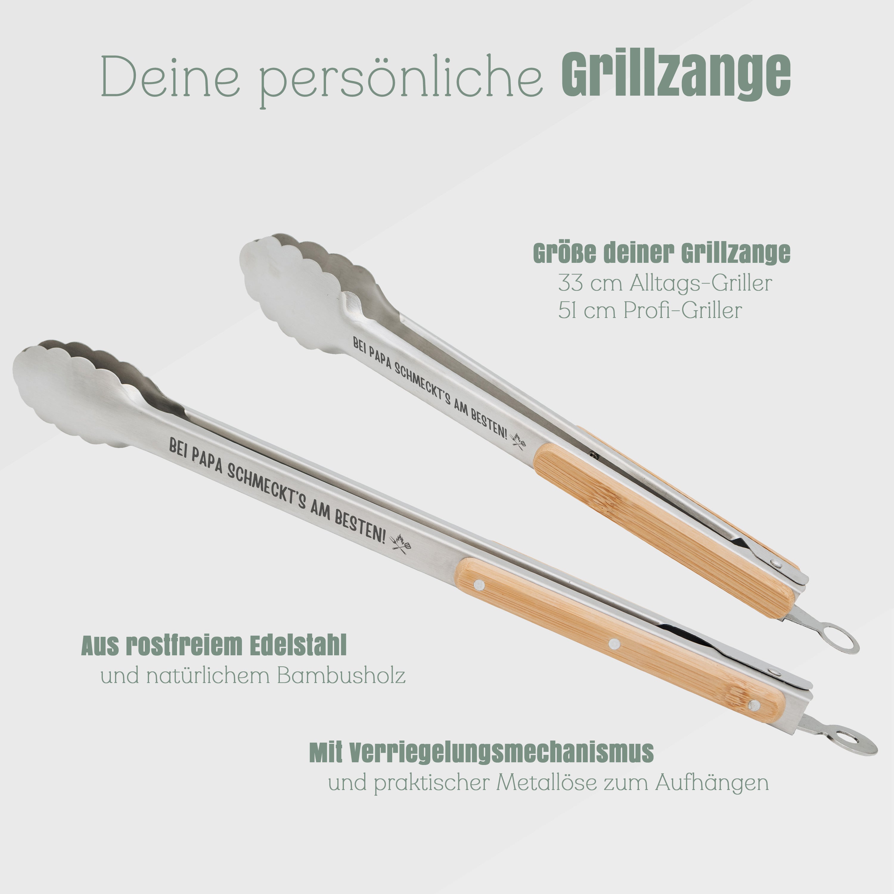 Grillzange Edelstahl mit Holzgriff - Bei Papa schmeckt's am Besten