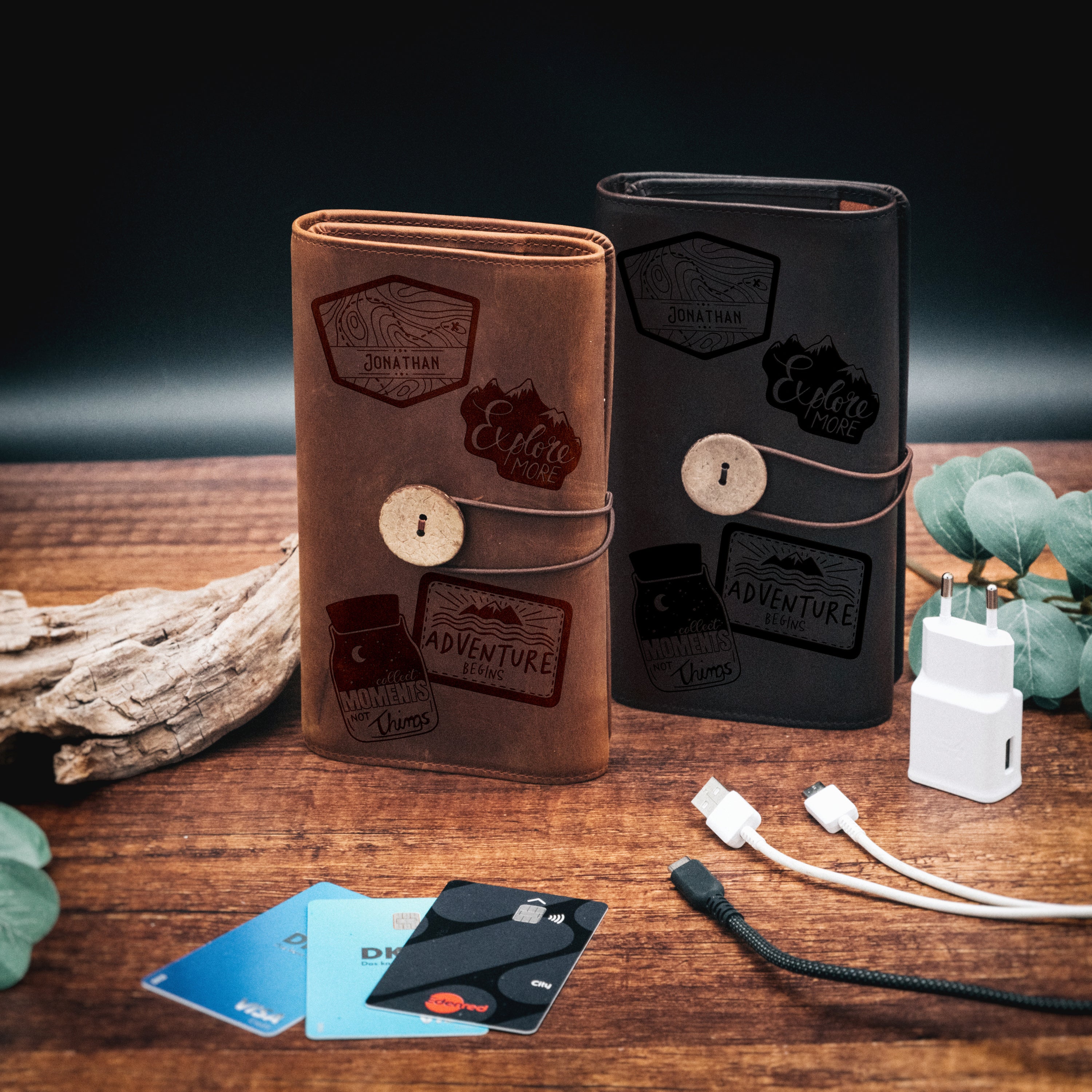 Kabelorganizer aus echtem Leder - Vintage Travel + Wunschname