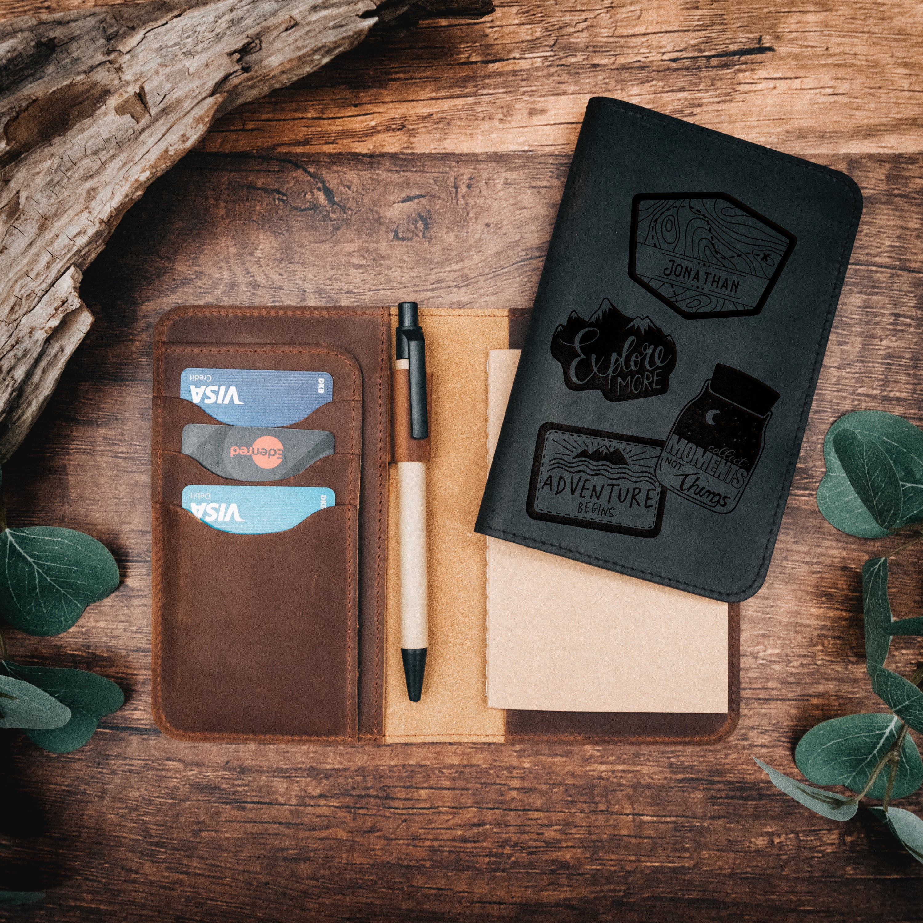 Journal aus echtem Leder - Vintage Travel Wunschname