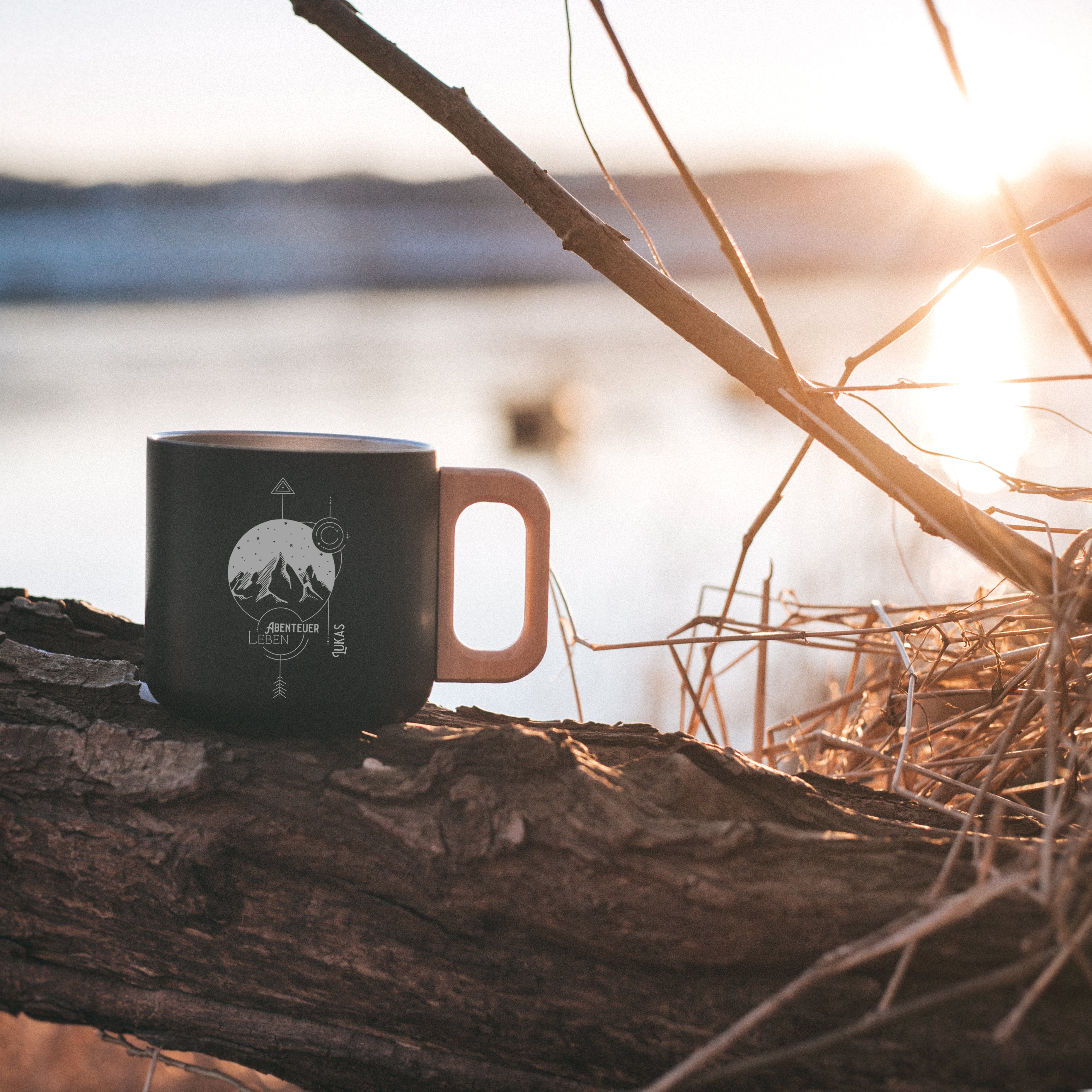 Thermobecher mit Holzgriff - Landschaft Geo