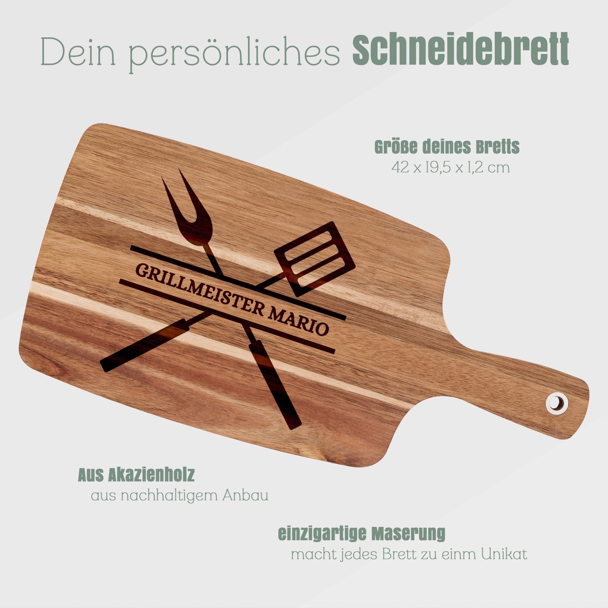 Akazienbrett mit Griff - Grillbesteck Grillmeister - Abenteuernah