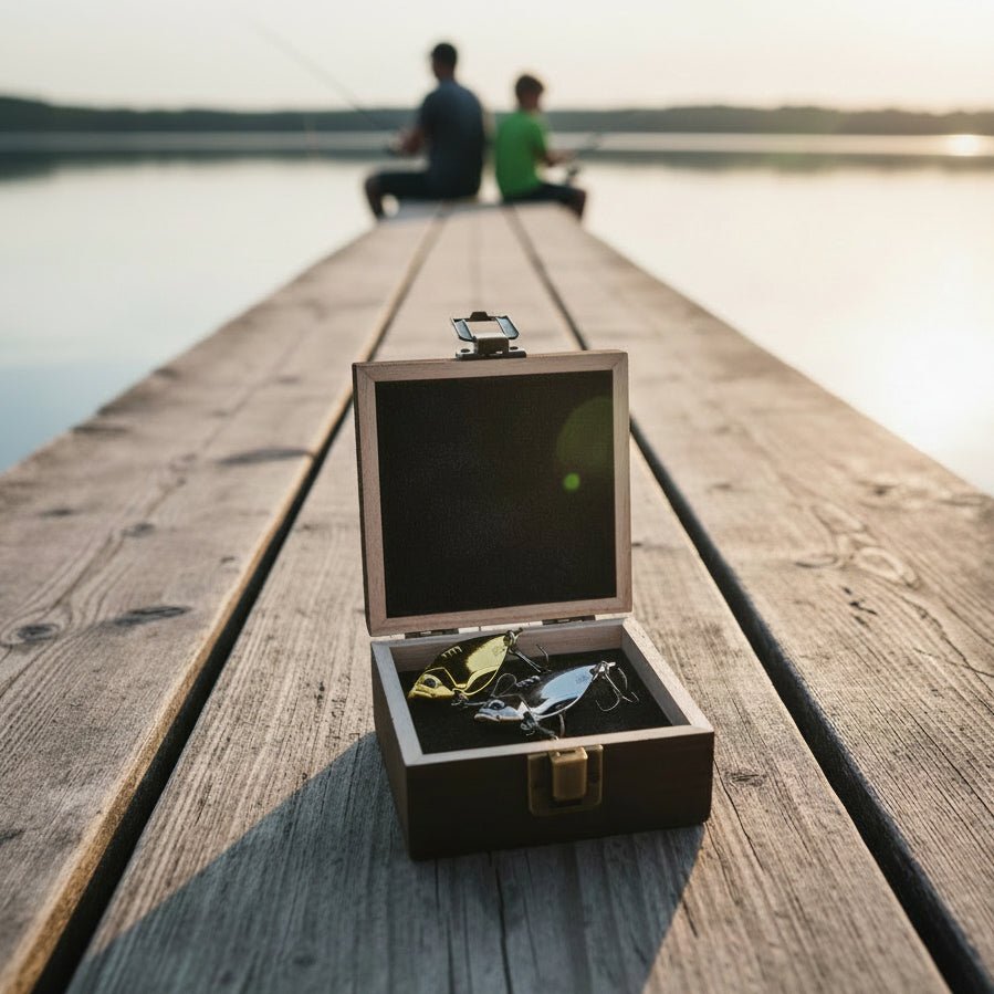 Angelbox mit Haken - Angler mit Fisch - Abenteuernah