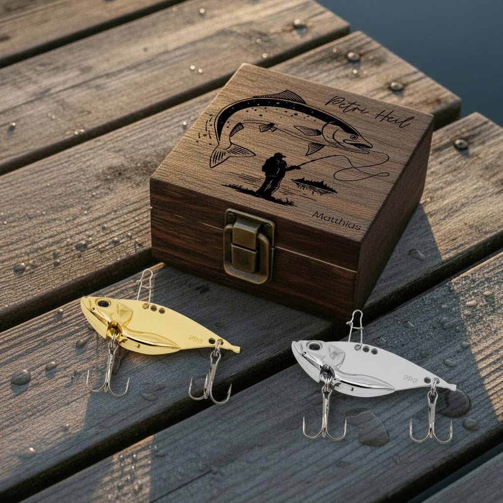 Angelbox mit Haken - Angler mit Fisch - Abenteuernah