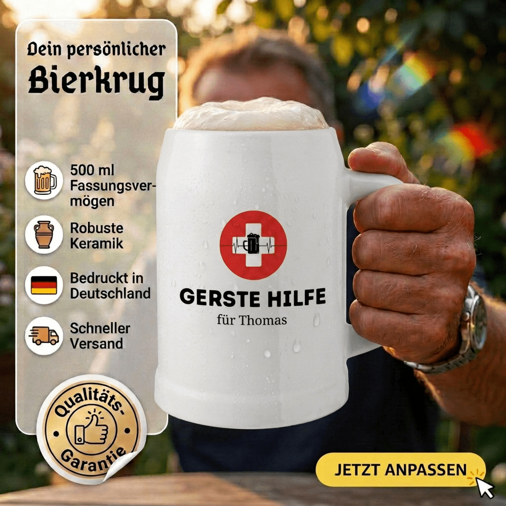 Bierkrug Keramik personalisiert - Gerste Hilfe - Abenteuernah